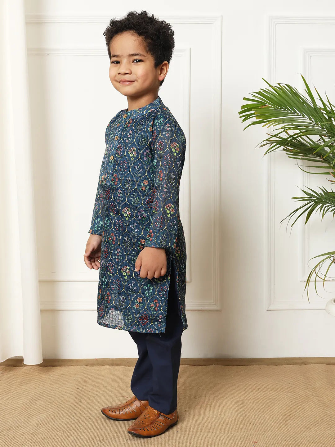 Boys kota doria fabric navy blue color kurta pyjama