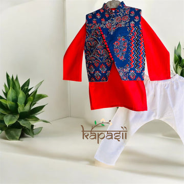 Red and blue kurta pajama jacket set