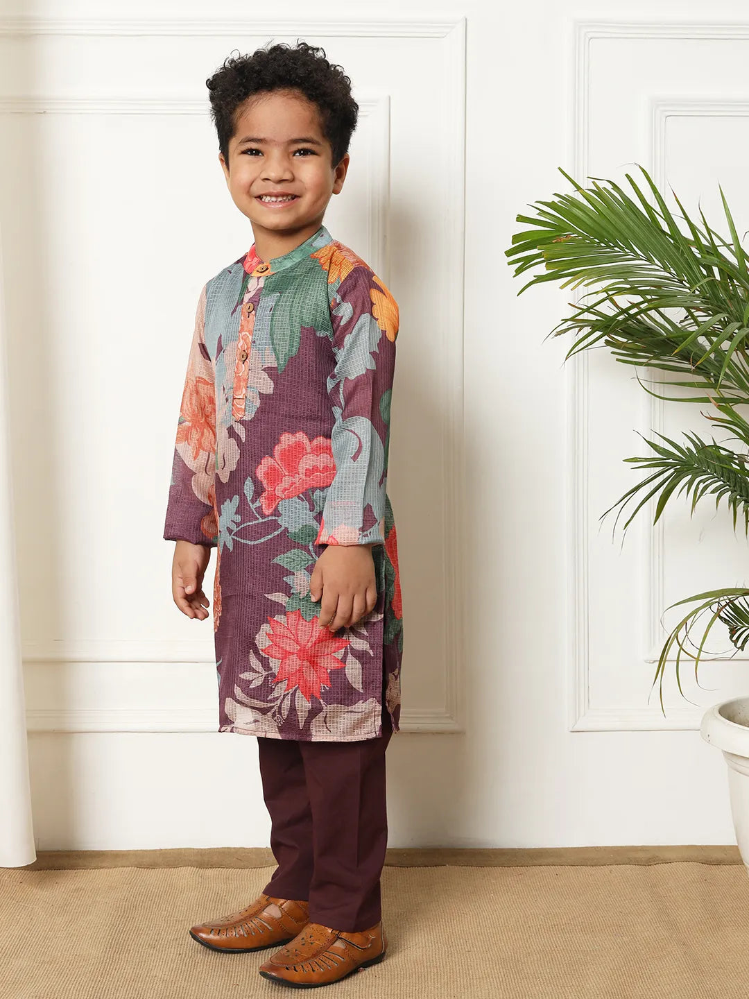 Boys kota doria wine colour kurta pajama set