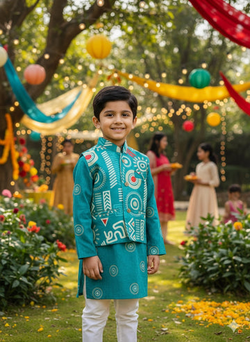 Utsav geometric print teal blue colour kurta pajama jacket set