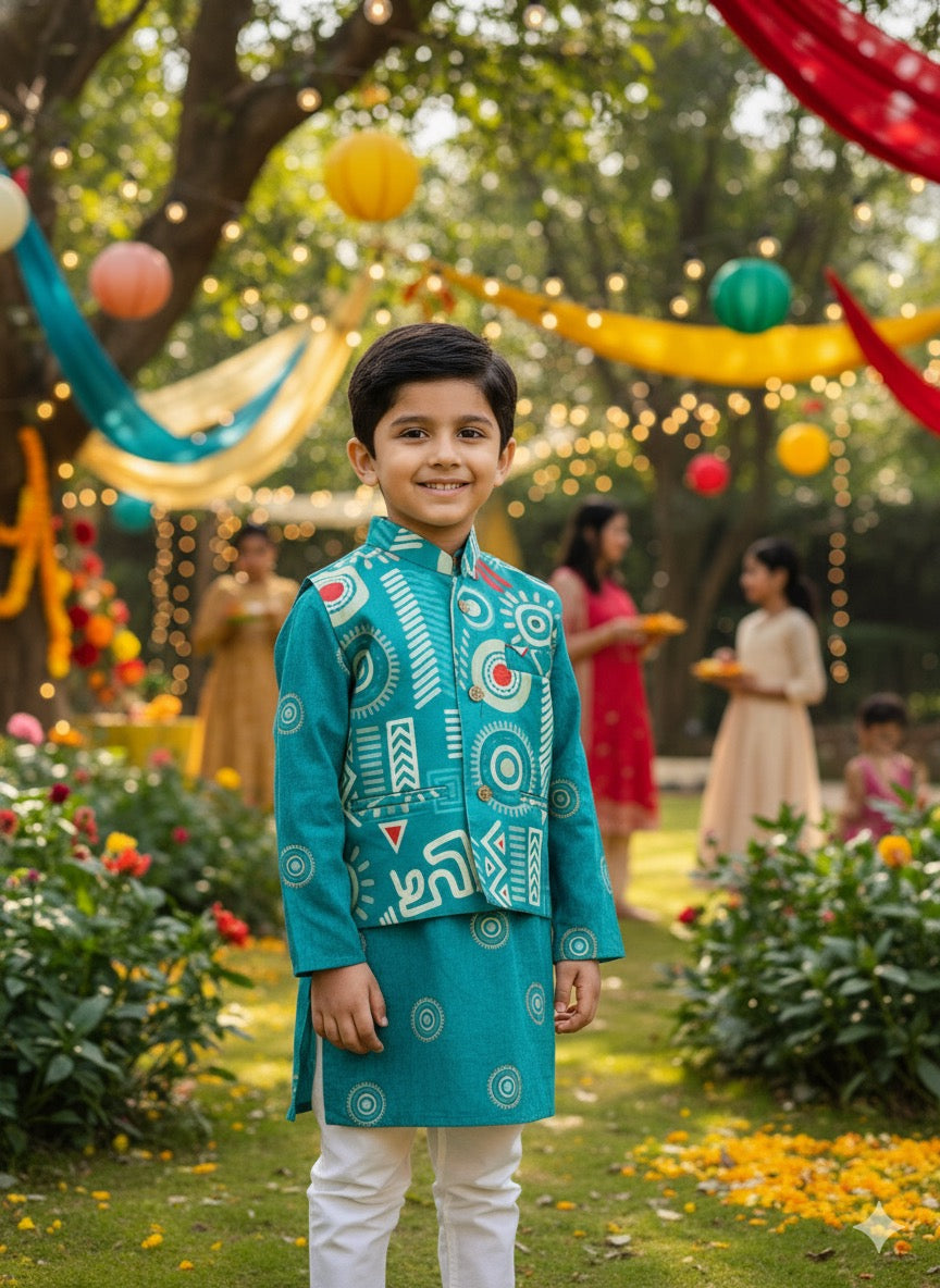 Utsav geometric print teal blue colour kurta pajama jacket set