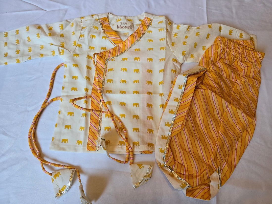 Ladoo infant anghrakha baby set- beige mustard