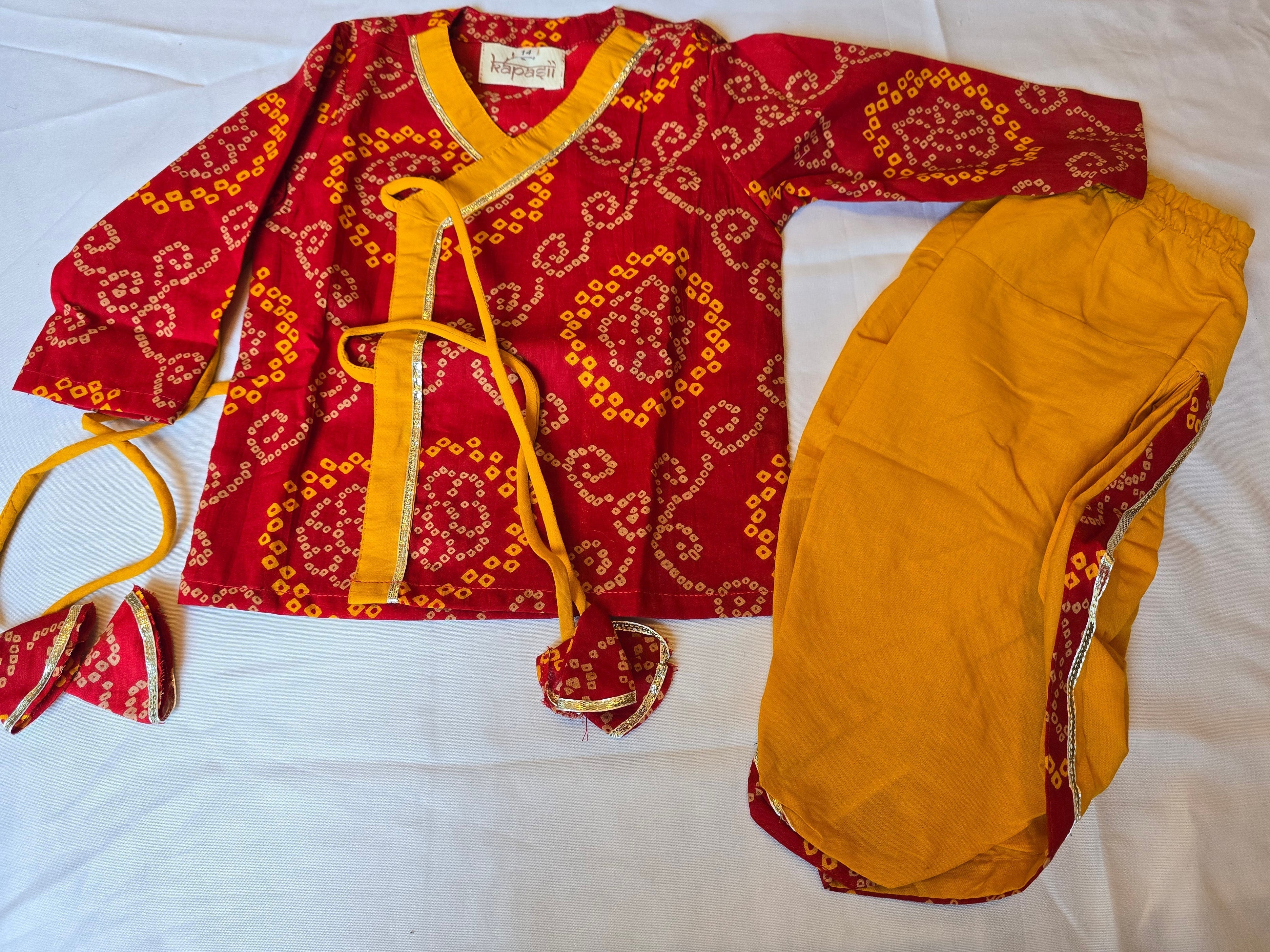 Ladoo infant anghrakha baby set- red and yellow bandhani