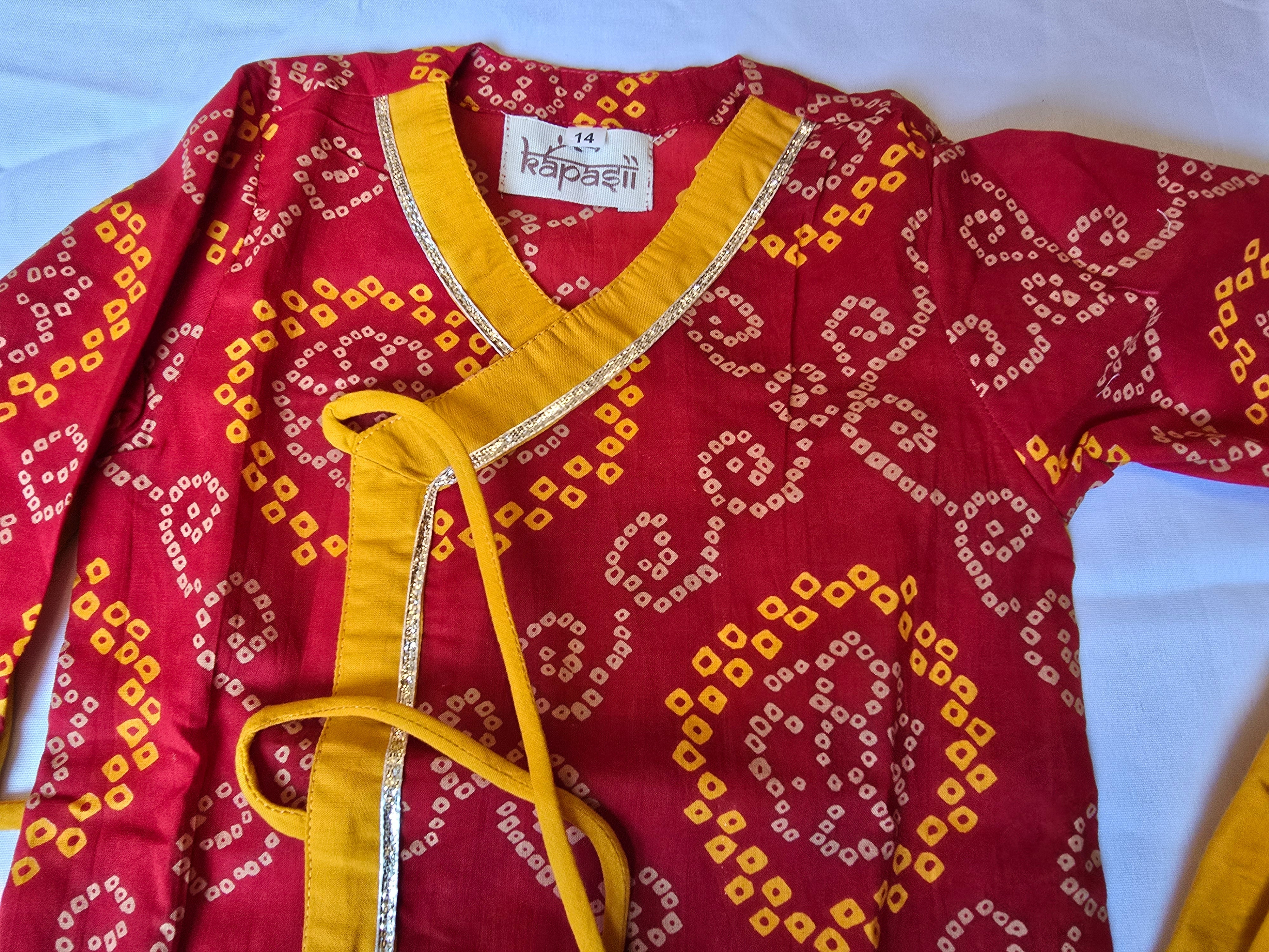 Ladoo infant anghrakha baby set- red and yellow bandhani
