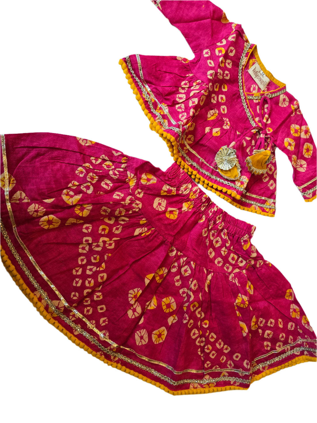 Ladoo infant anghrakha lehenga  baby  set- pink bandhani