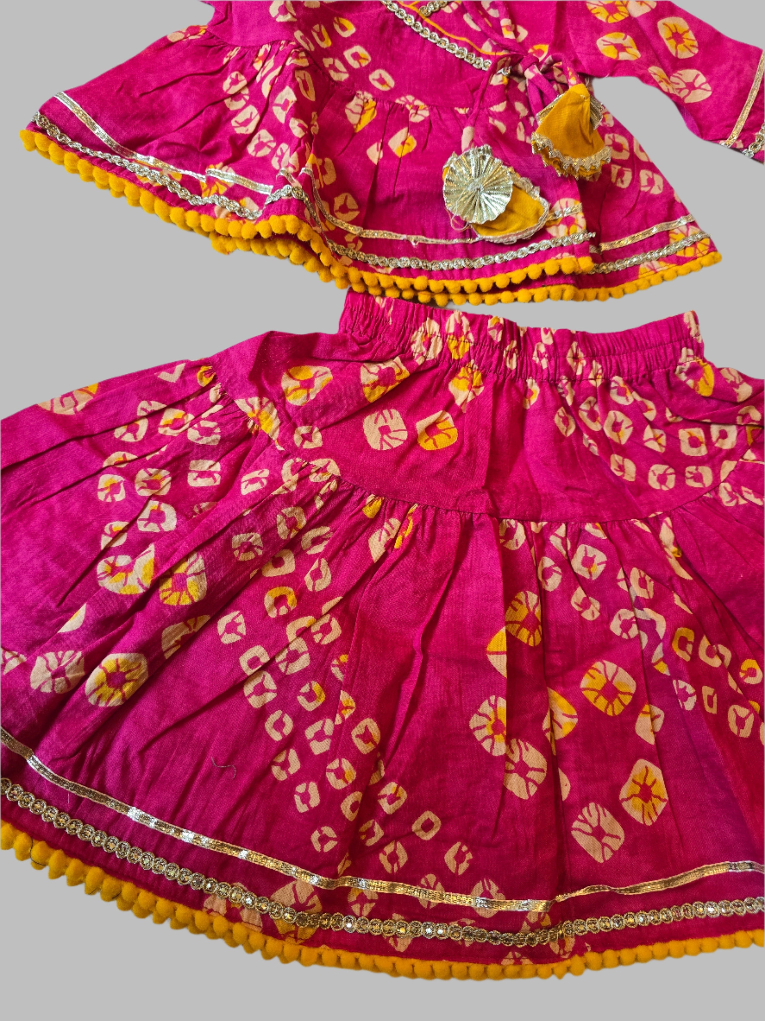 Ladoo infant anghrakha lehenga  baby  set- pink bandhani