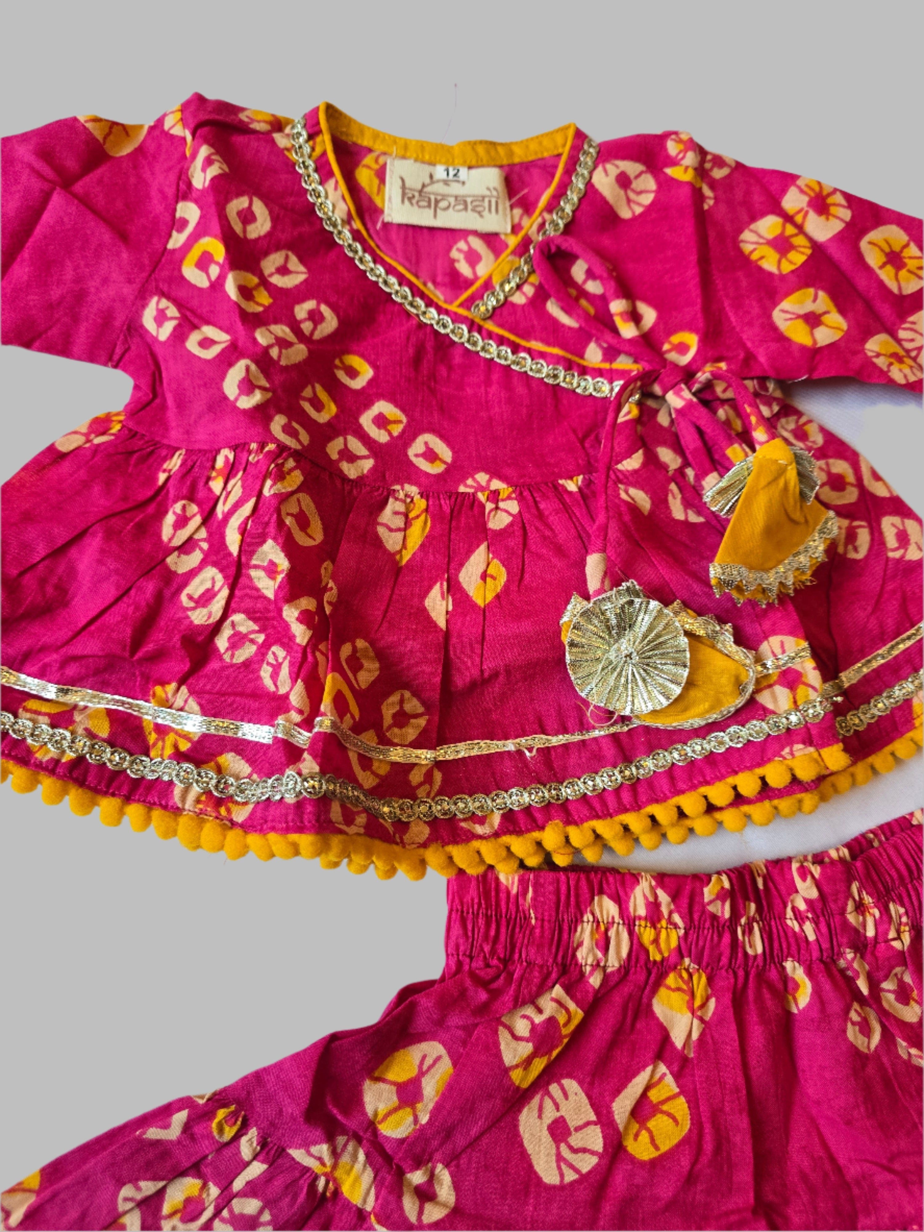 Ladoo infant anghrakha lehenga  baby  set- pink bandhani