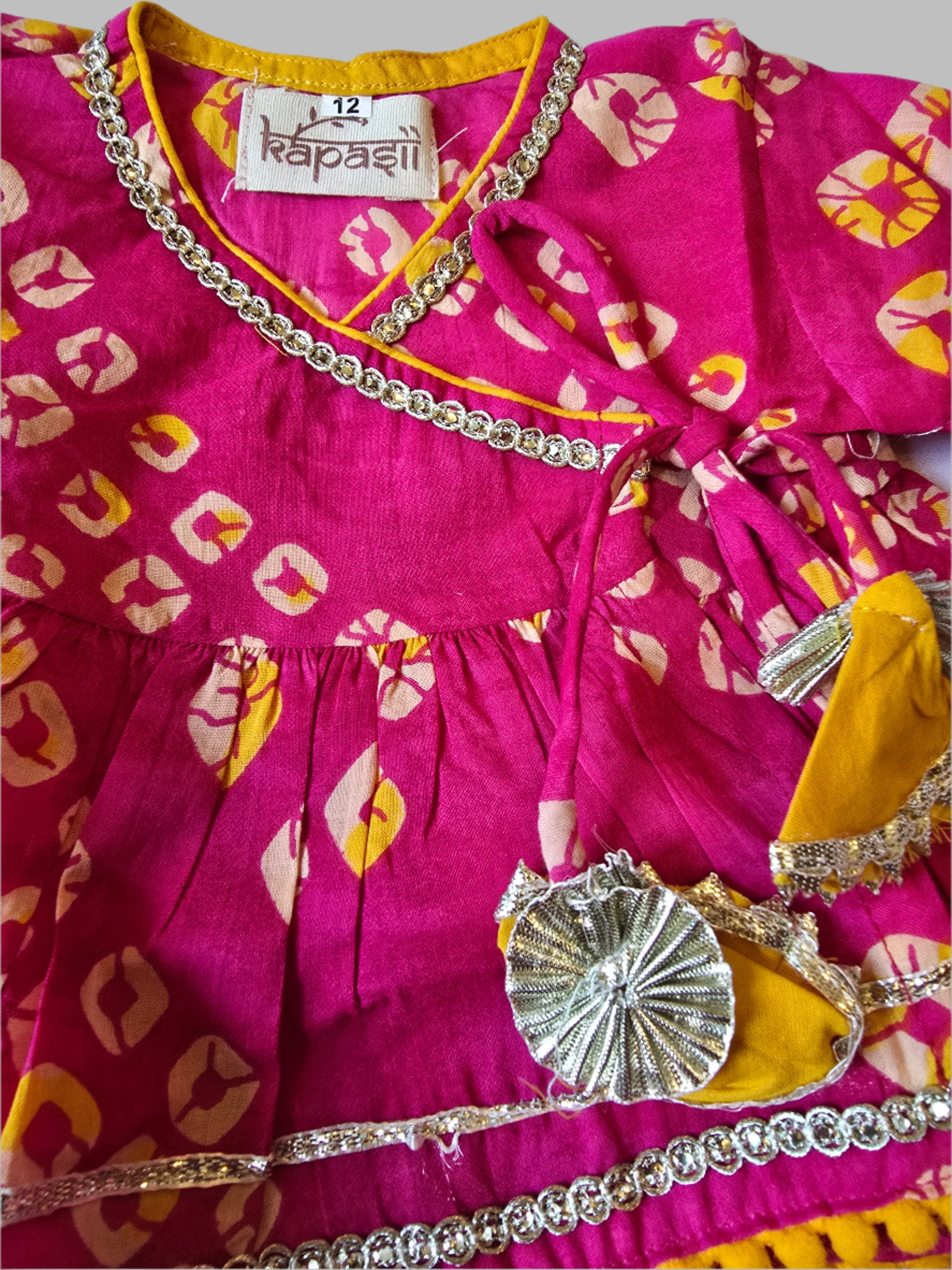 Ladoo infant anghrakha lehenga  baby  set- pink bandhani