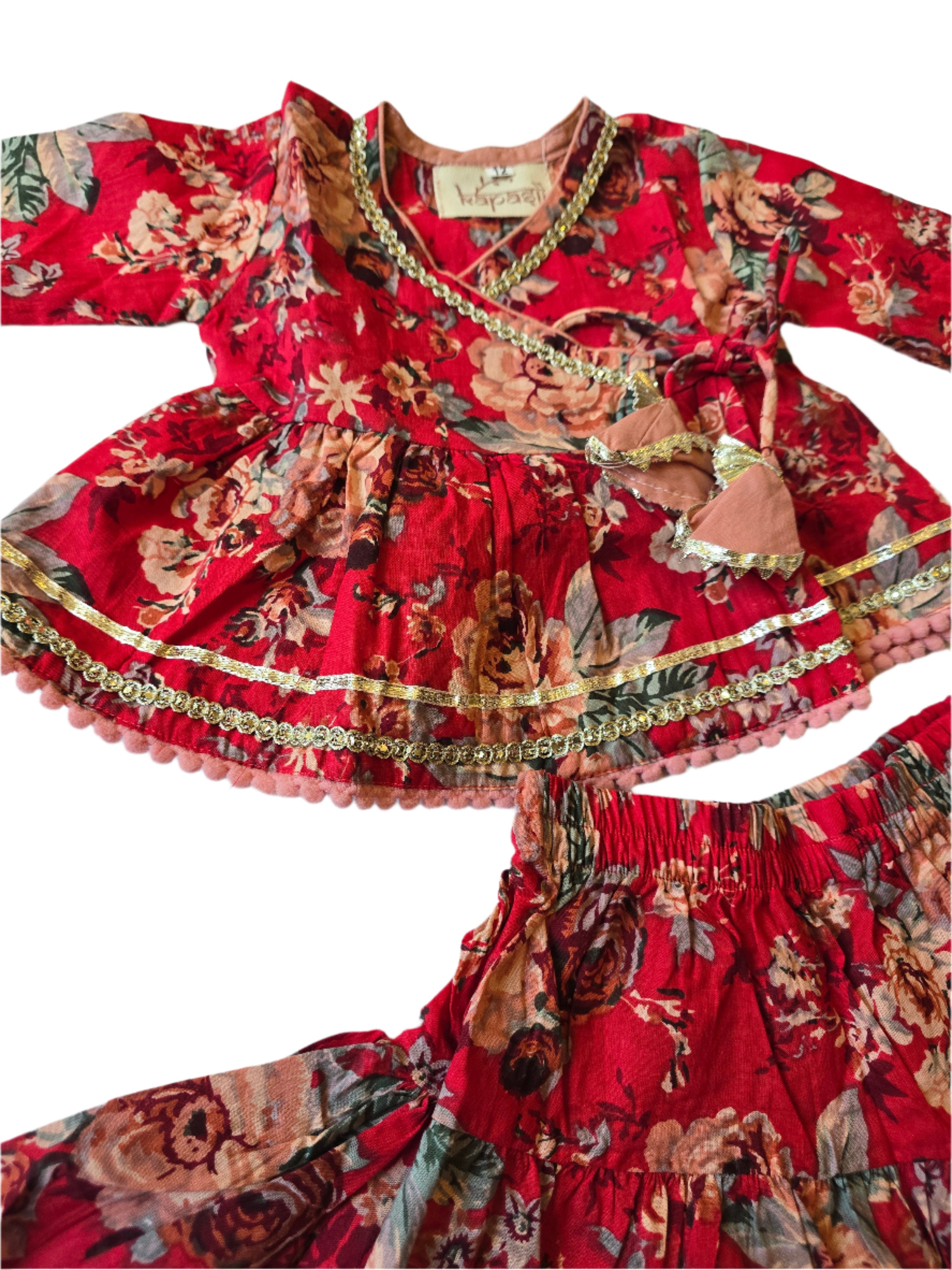 Ladoo infant anghrakha lehenga  baby  set- red flower