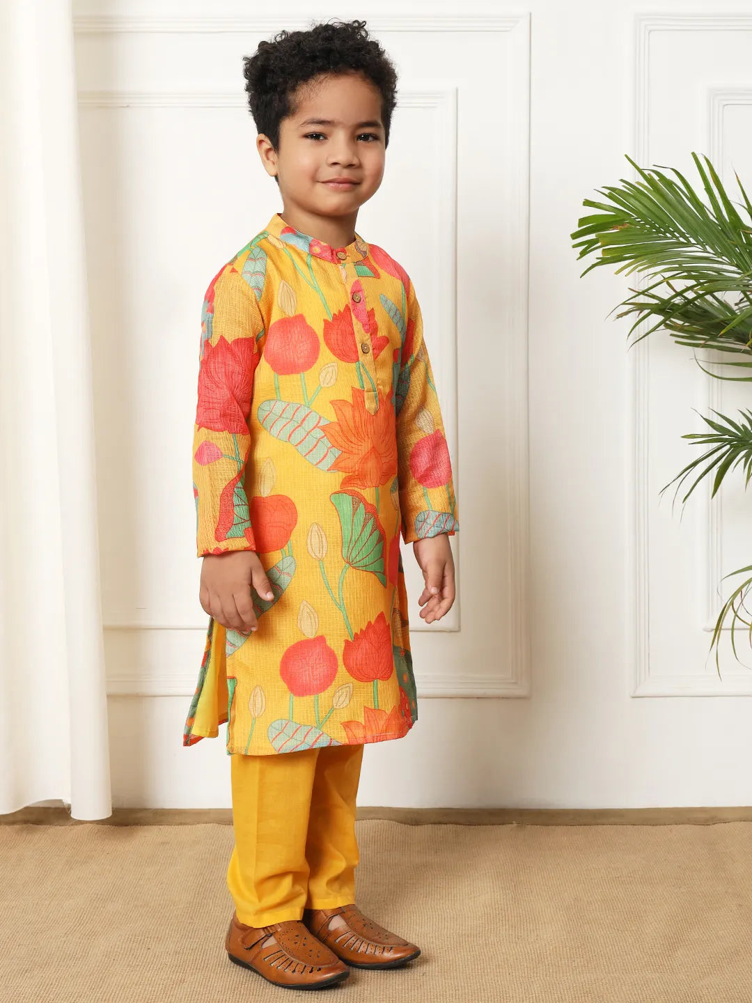 Boys kota doria yellow kurta pajama set