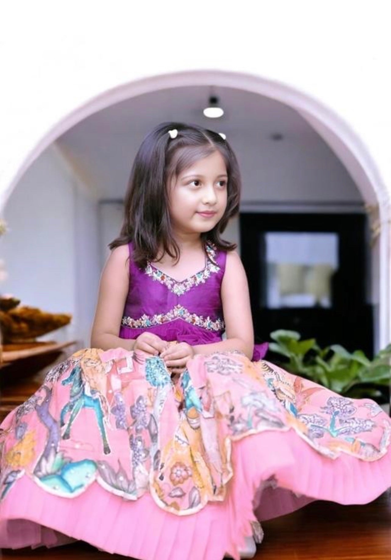 Designer pattu pavadai girls set pink and purple set