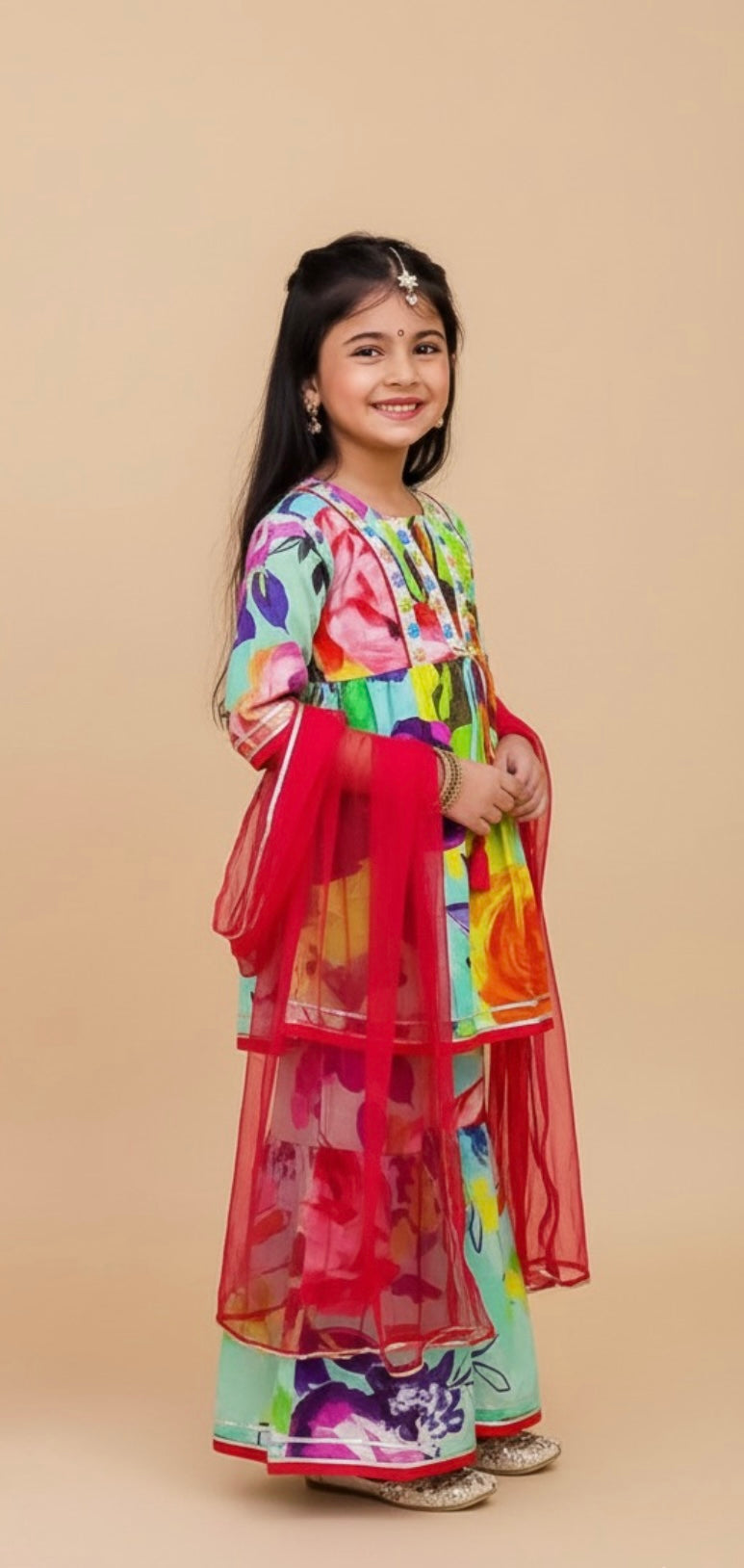 Girls multicolour digital print Sharara set with red dupatta