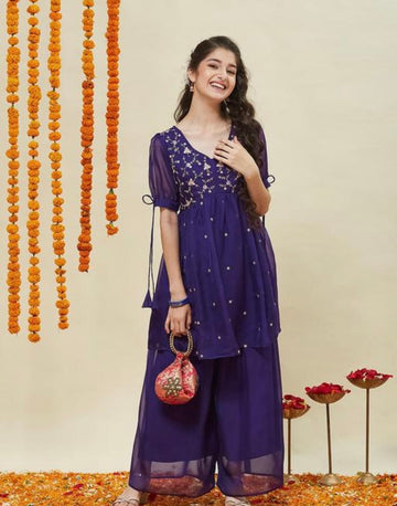 Purple tissue kurti plazzo set