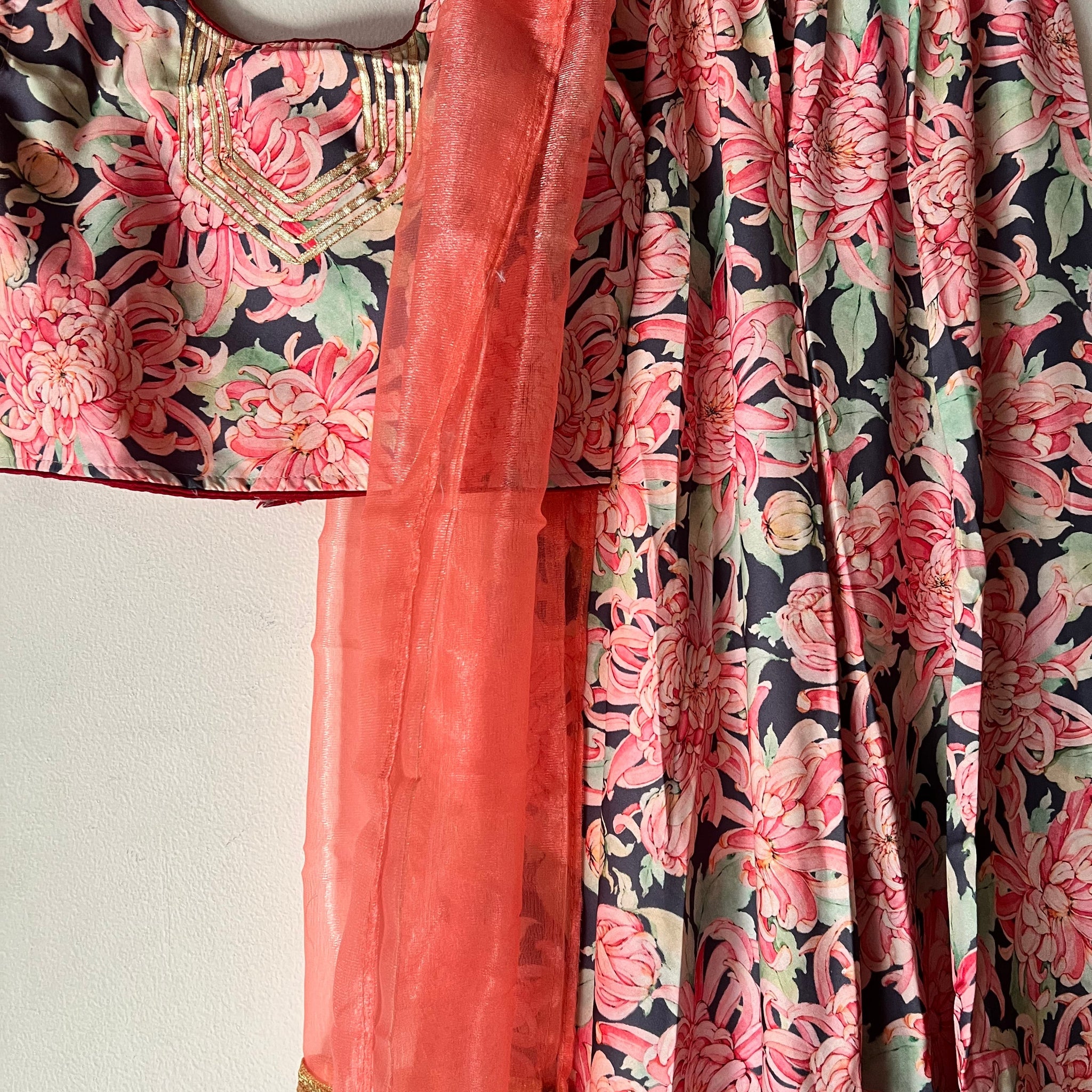 Aria satin peach lehenga choli set with dupatta
