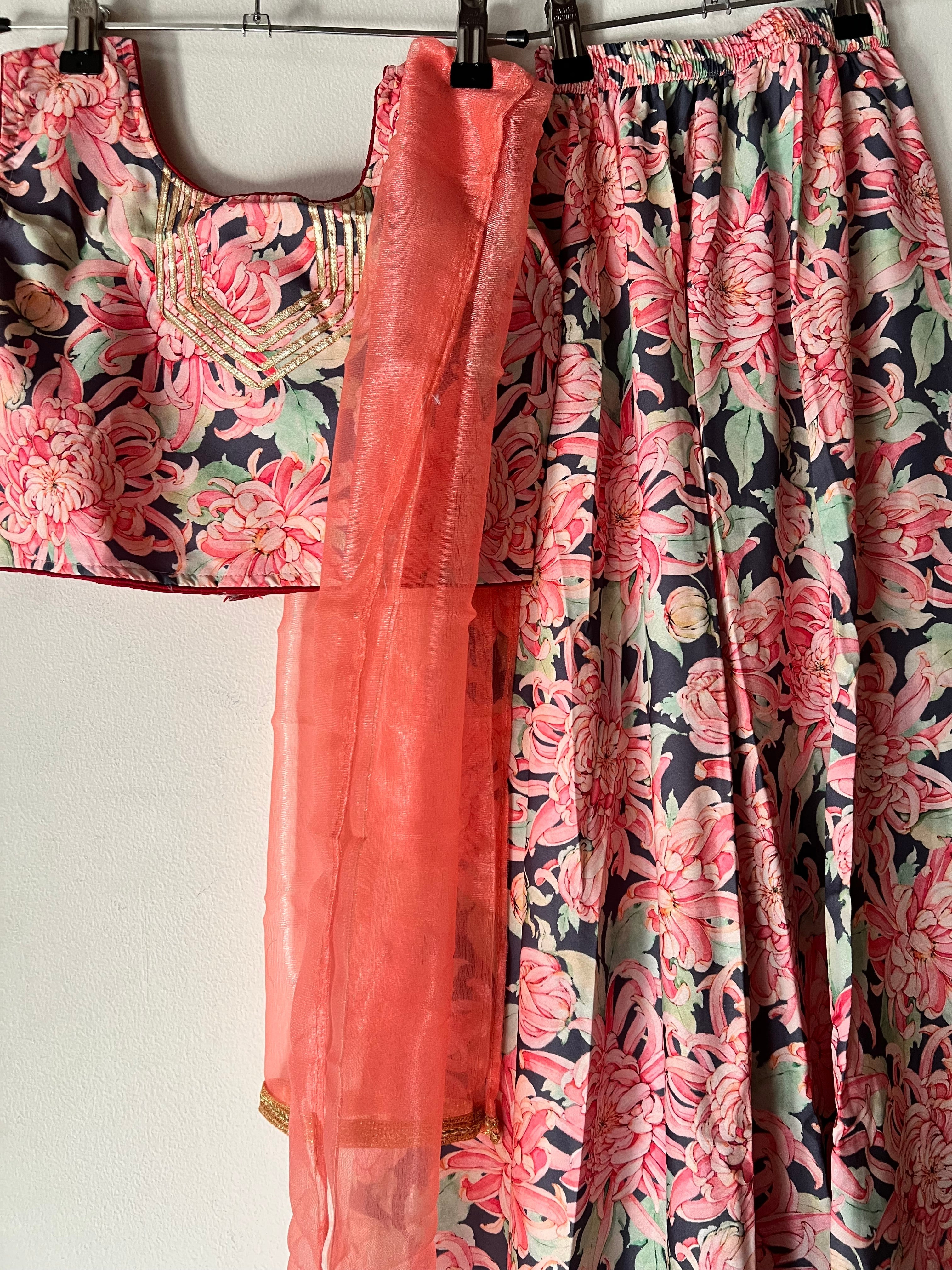 Aria satin peach lehenga choli set with dupatta