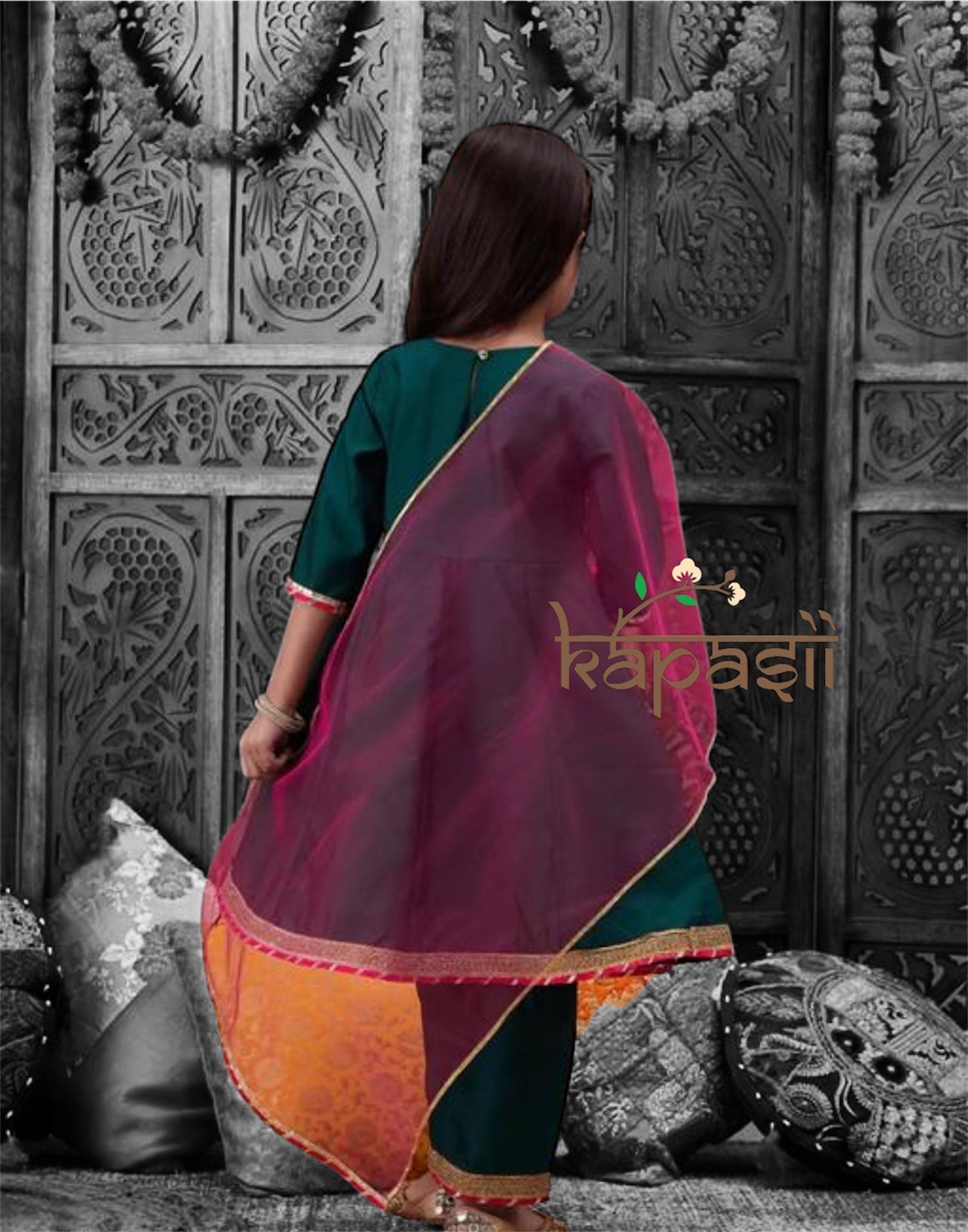 Green taffeta silk anarkali kurti set with dupatta