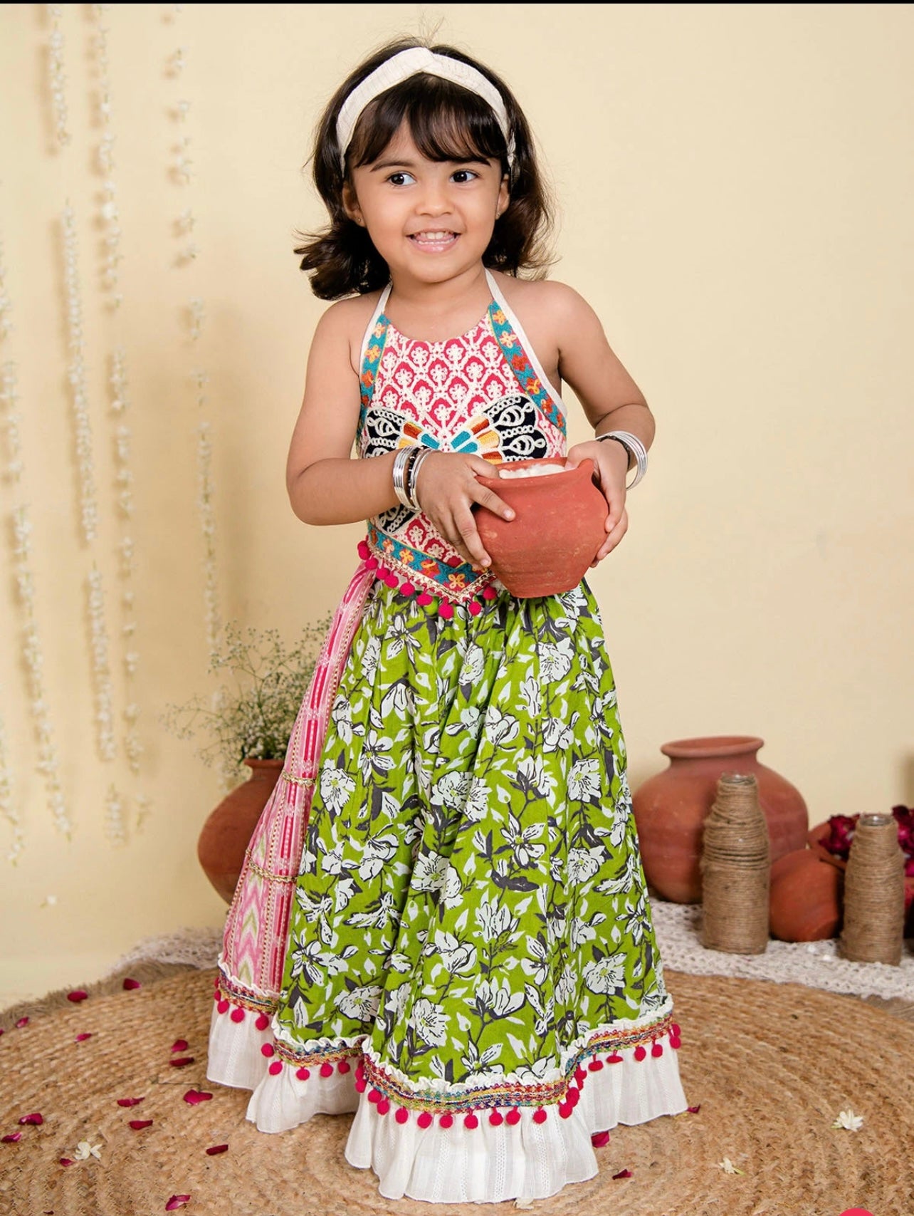Ghoomar Girlish Pink Butterfly Flairy Lehenga Choli for Girls- pink and white