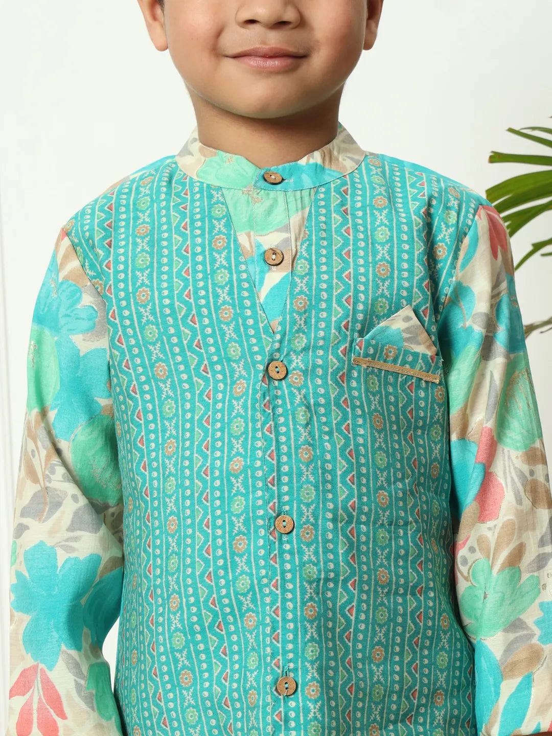 Boys straight style kota doria fabric navy teal color kurta , pajama and attached jacket set