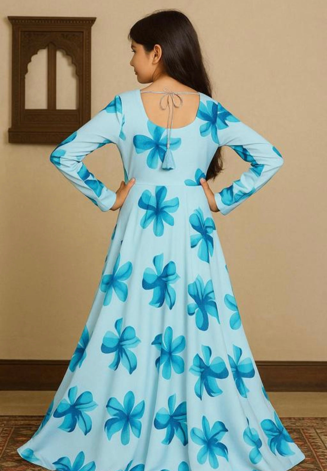 Girls georgette floral long gown with dupatta set- sky blue and white