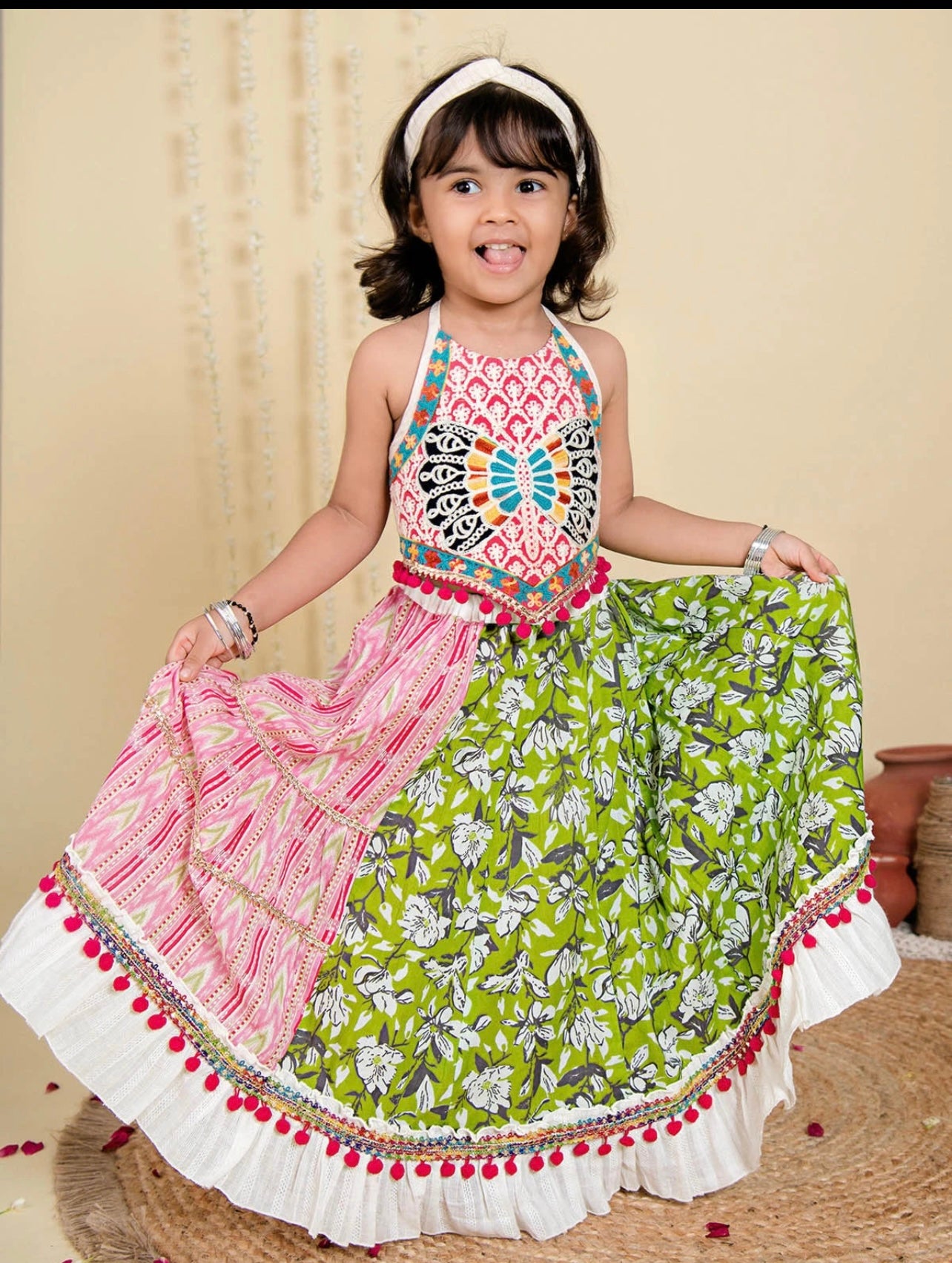 Ghoomar Girlish Pink Butterfly Flairy Lehenga Choli for Girls- pink and white