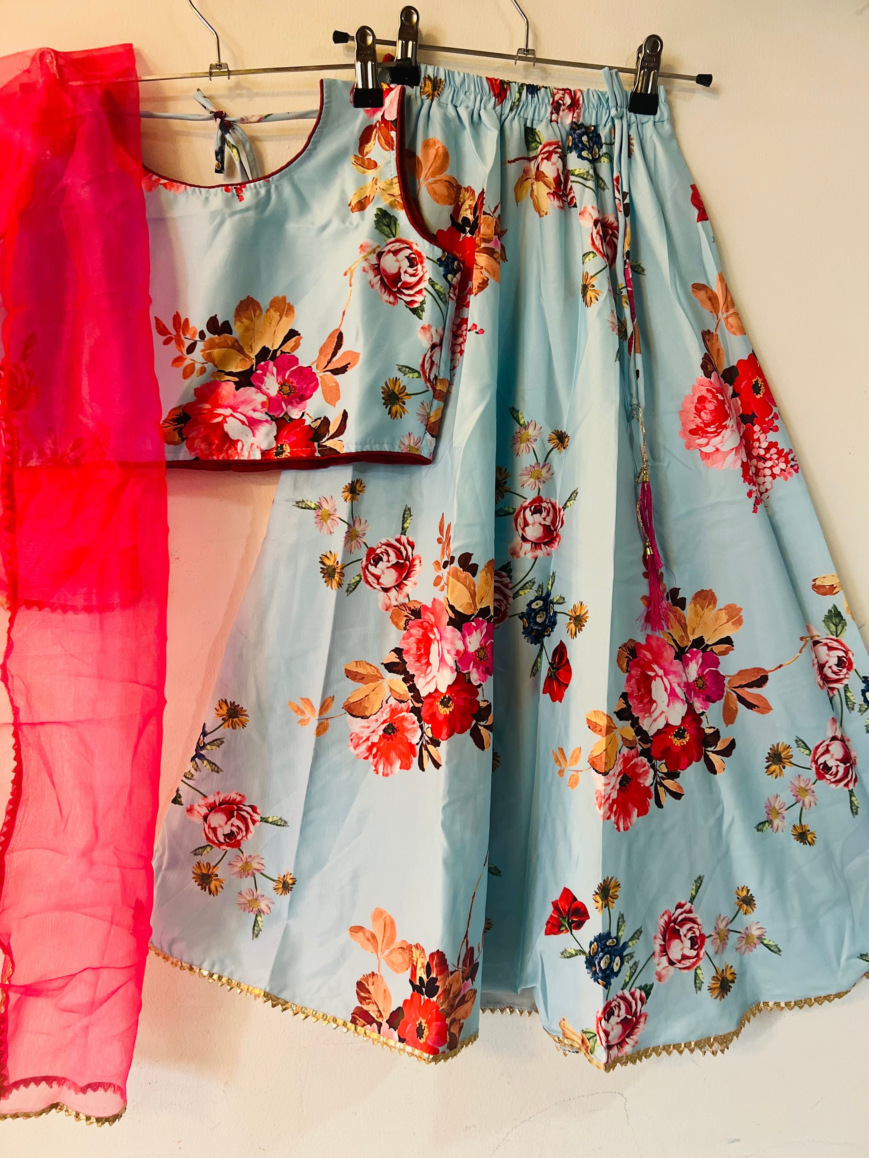 Aria satin blue lehenga choli set with dupatta