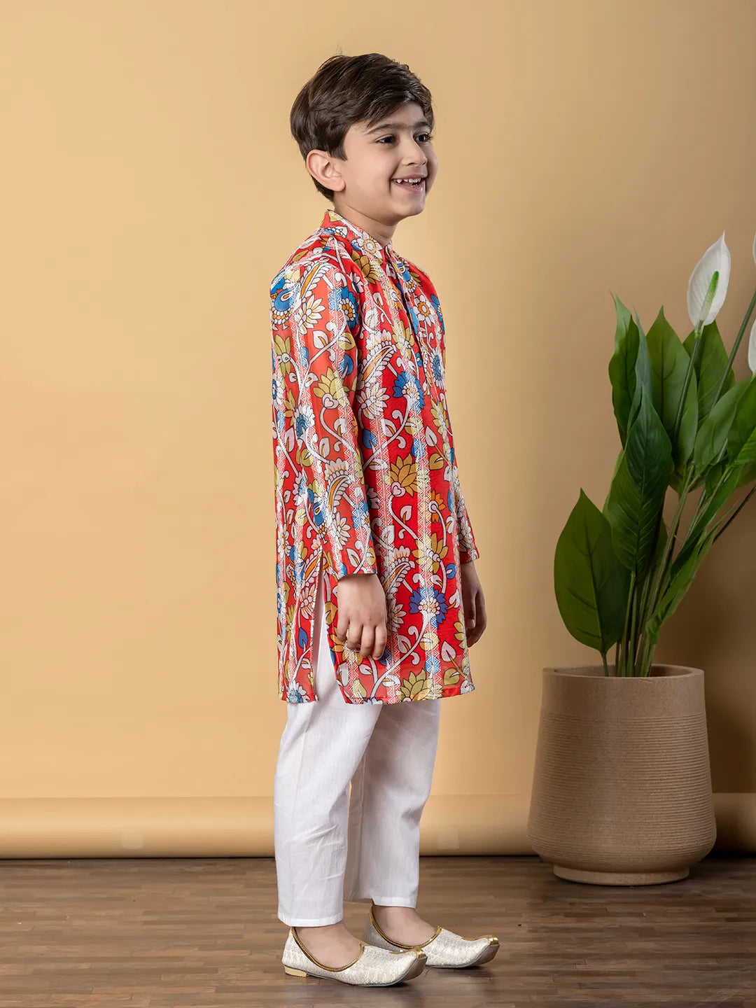 Boys straight style chanderi silk fabric red color kurta and pyjama