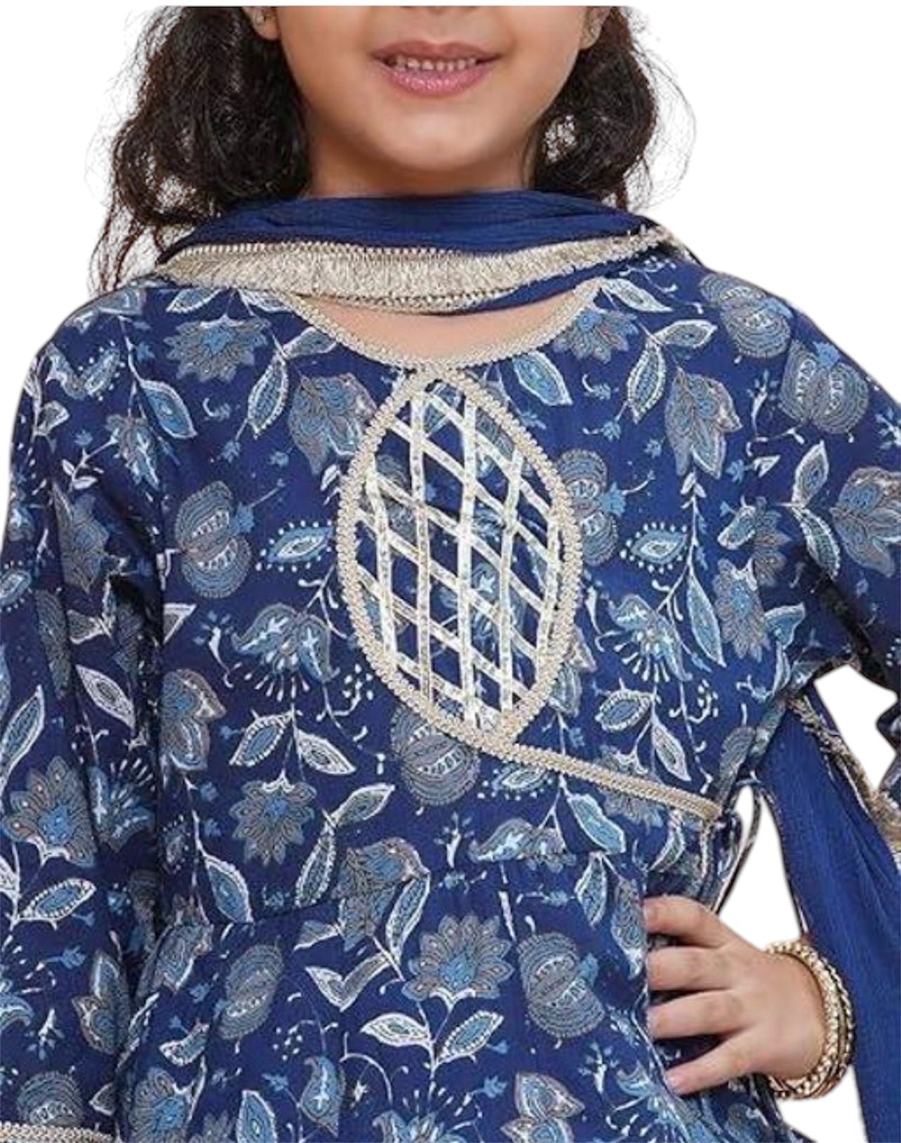 Girls blue anarkali Sharara set with blaze neckline and dupatta
