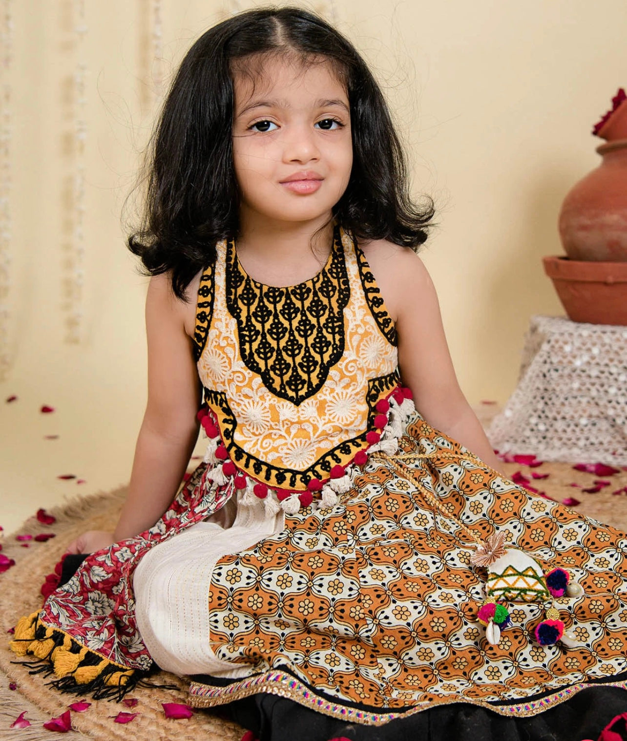 Ghoomar Festive Black Flaired Chaniya Choli for girls- beige and black