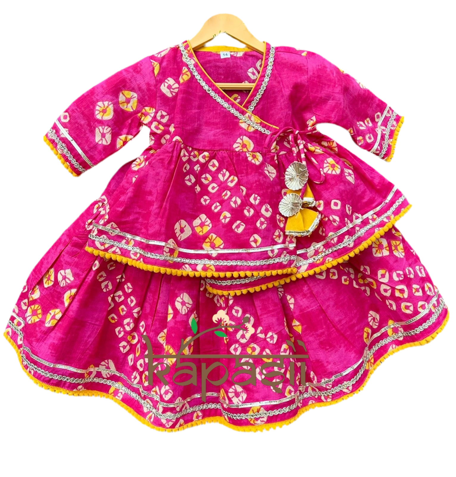 Ladoo infant anghrakha lehenga  baby  set- pink bandhani