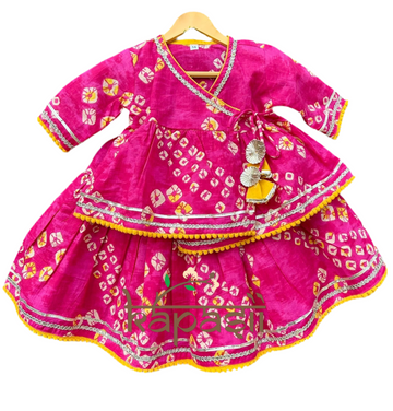 Ladoo infant anghrakha lehenga  baby  set- pink bandhani