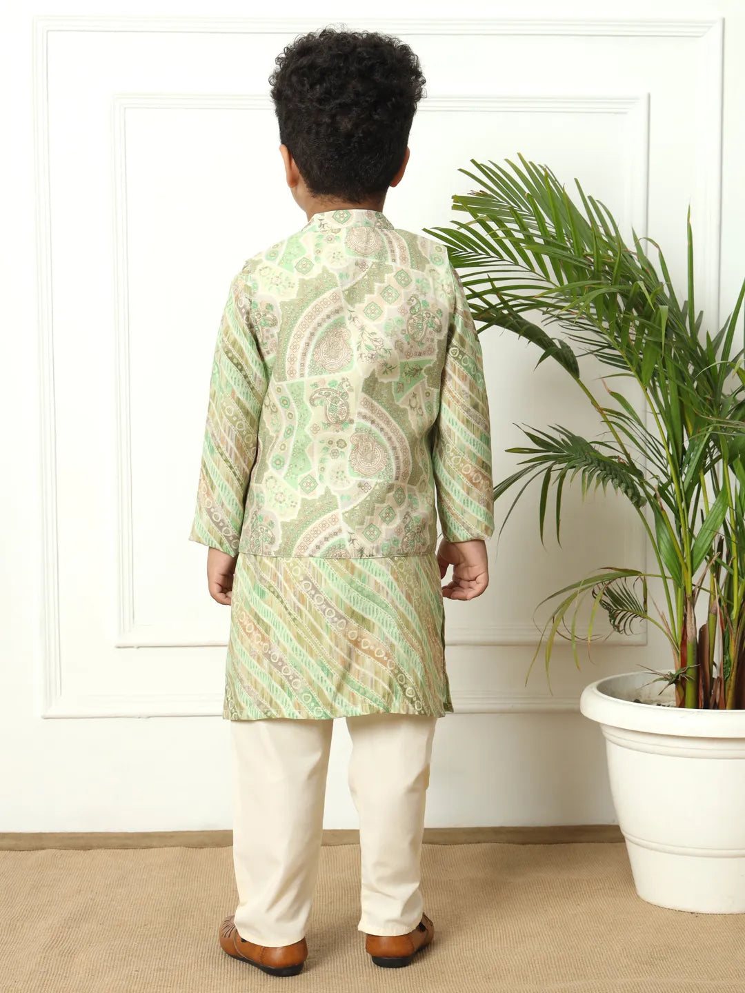 Boys straight style silk fabric olive color kurta and pyjama with nehru jacket