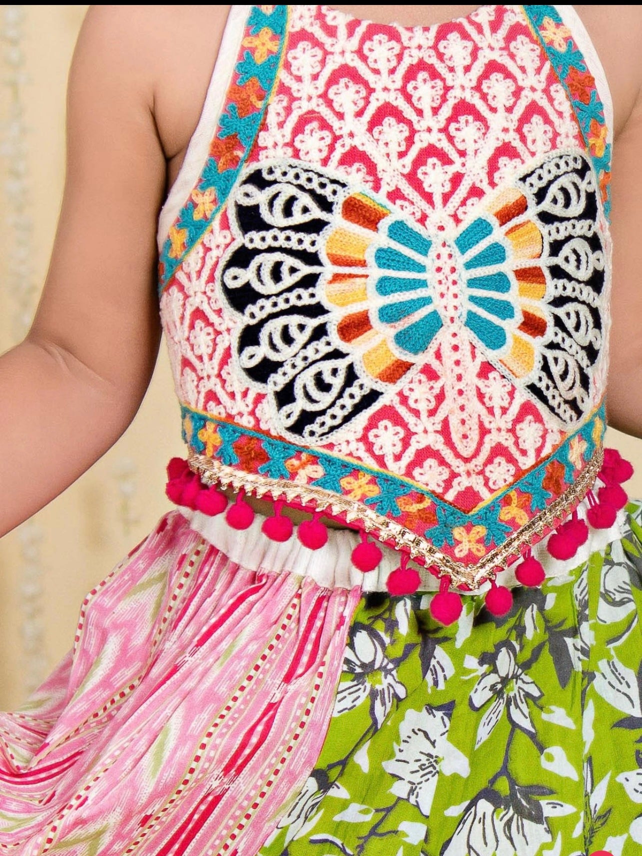 Ghoomar Girlish Pink Butterfly Flairy Lehenga Choli for Girls- pink and white