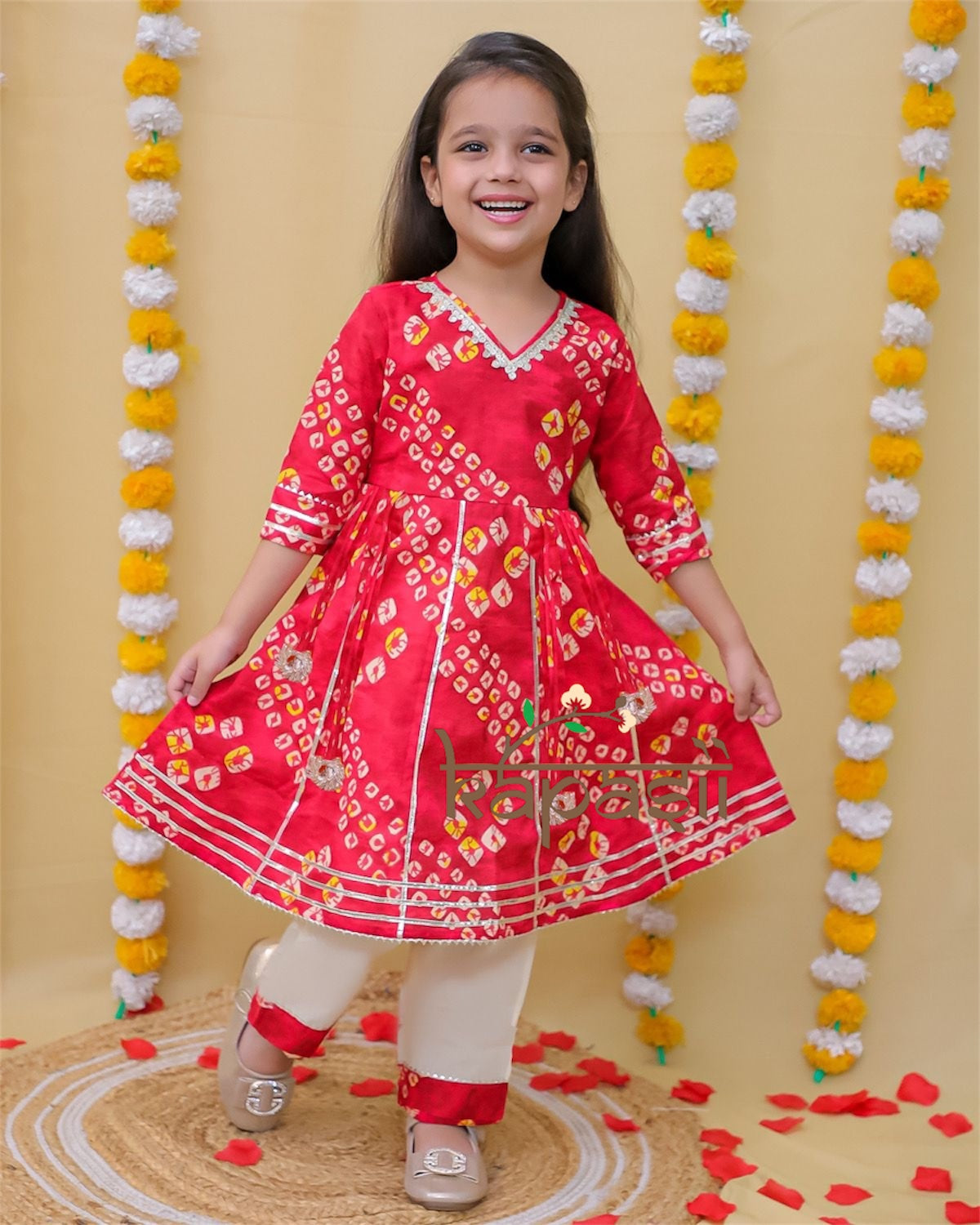 Basant red bandhani anarkali set