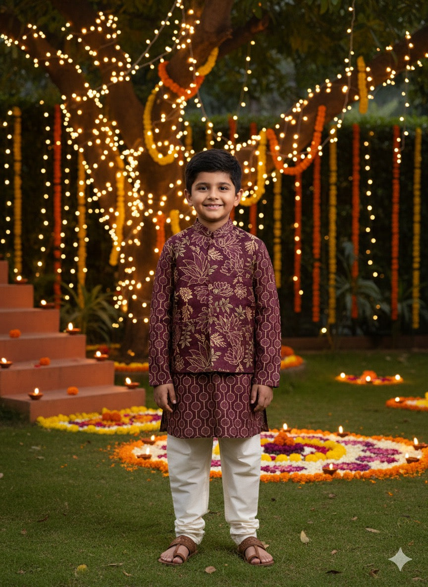 Utsav wine colour kurta pajama jacket set