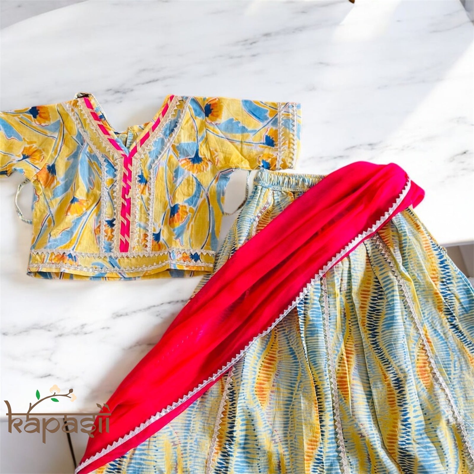 Girls lehenga choli set with duptta floral yellow