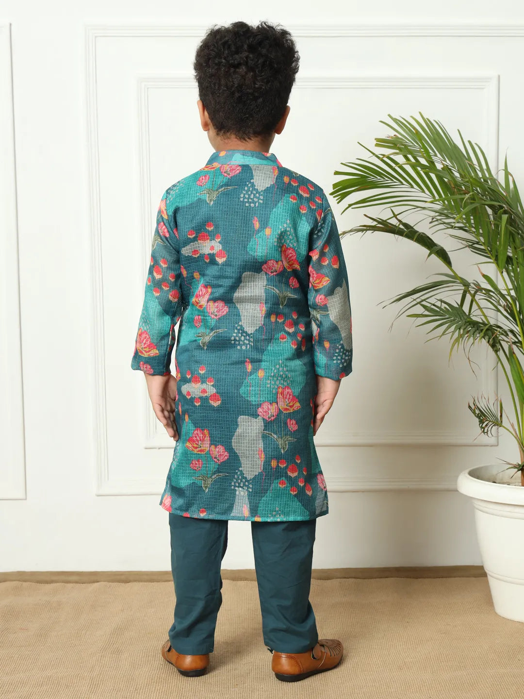 Boys straight style kota doria fabric navy teal color kurta and pyjama set