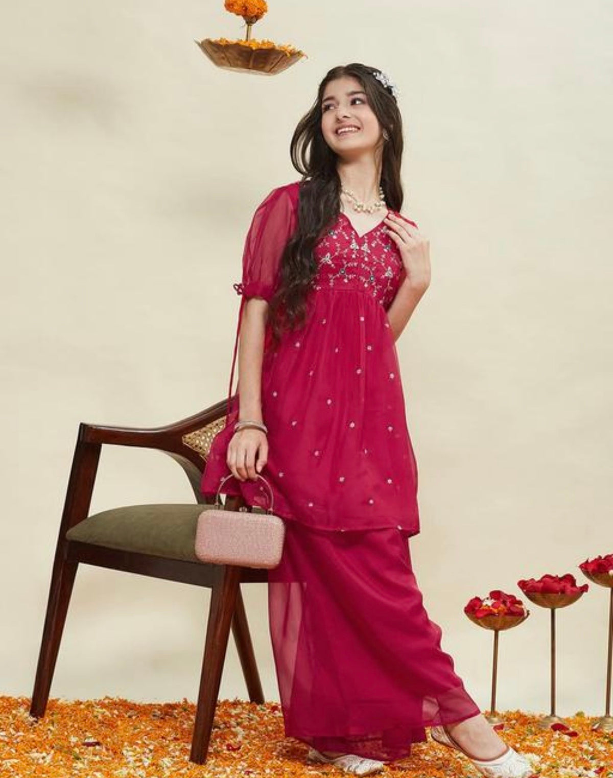 Pink tissue kurti and plazzo set