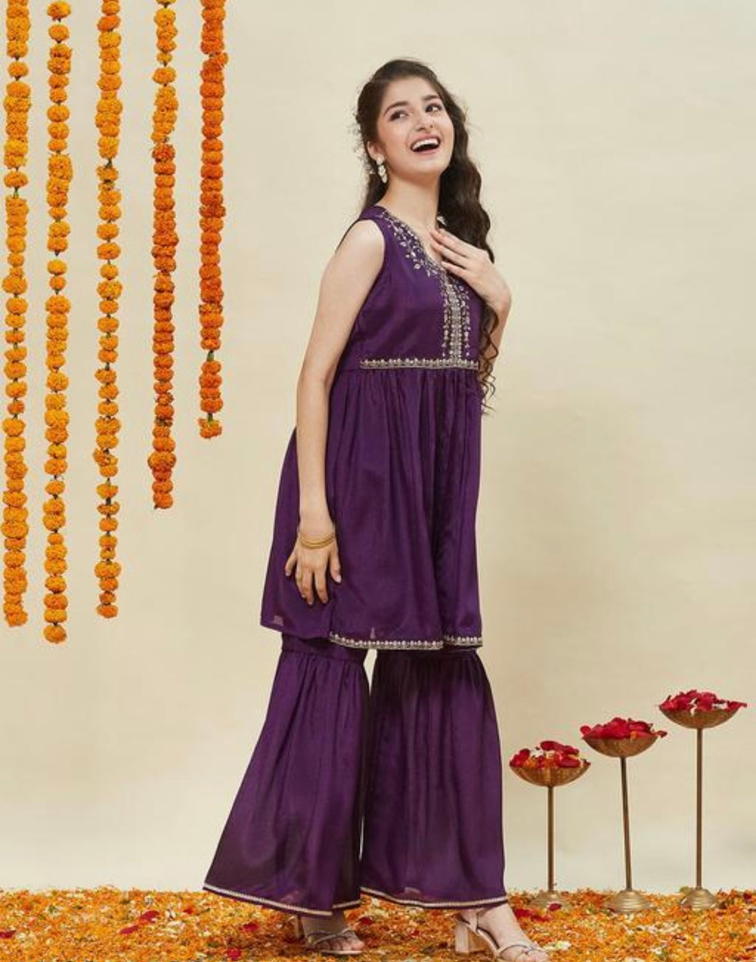 Girls festive sleeveless poly chinon top with Sharara set violet