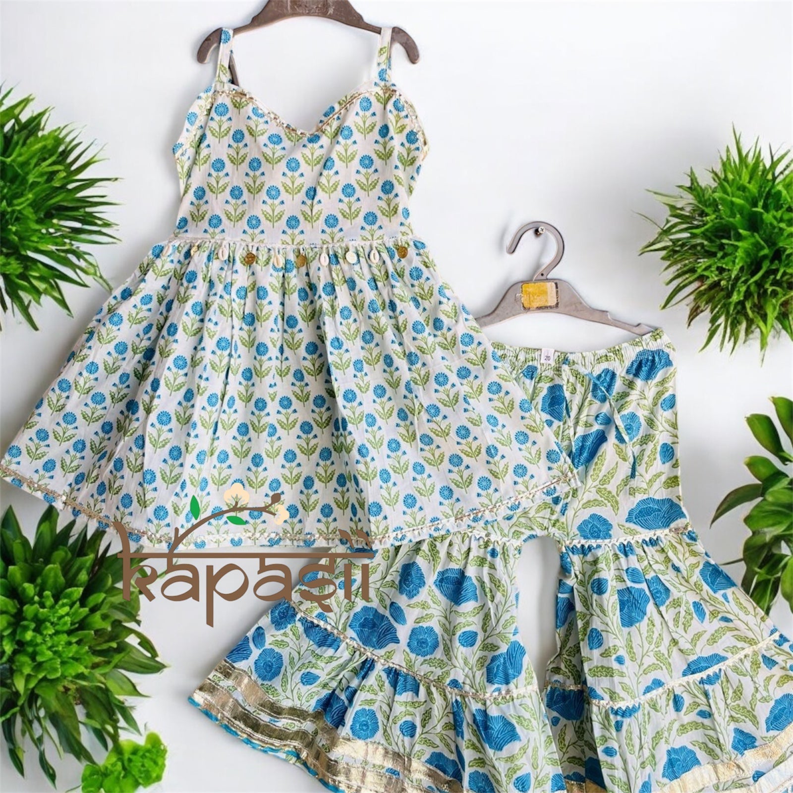 White and blue sharara set with shells  work