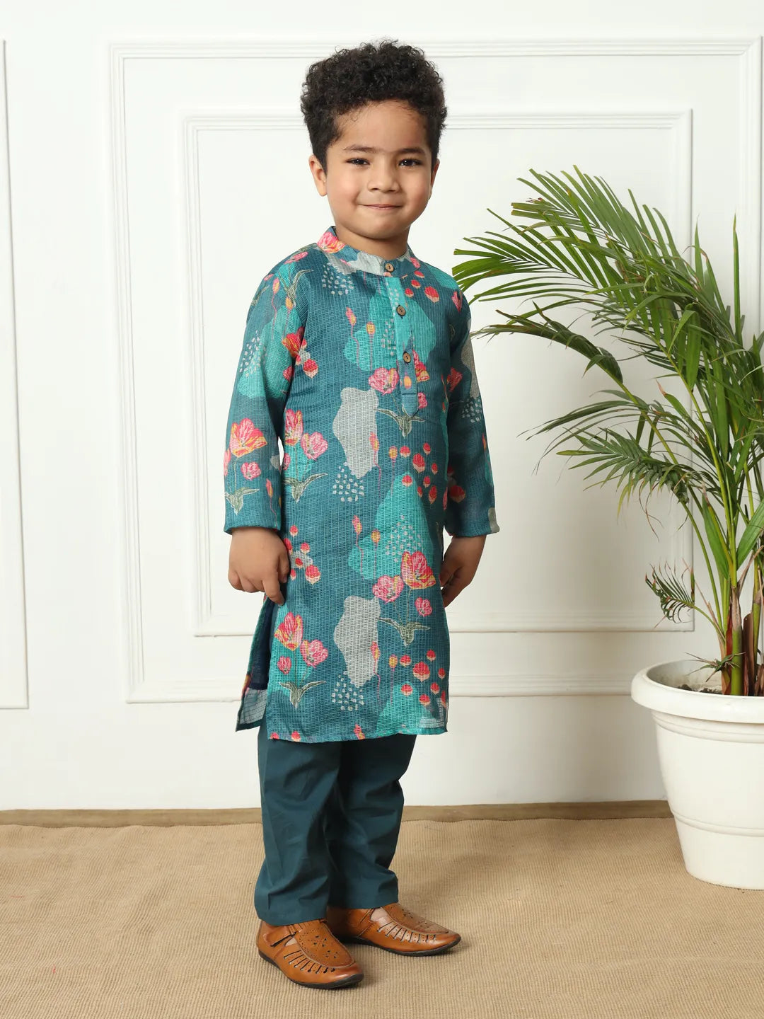 Boys  kota doria fabric navy teal color kurta pyjama