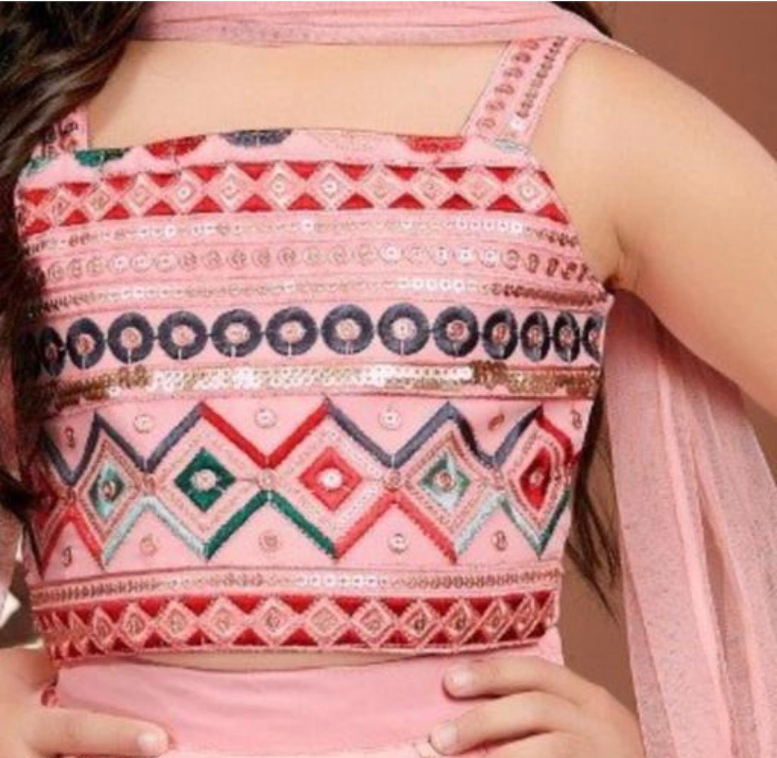 Girls baby pink lehenga set with sleeveless chili and dupatta