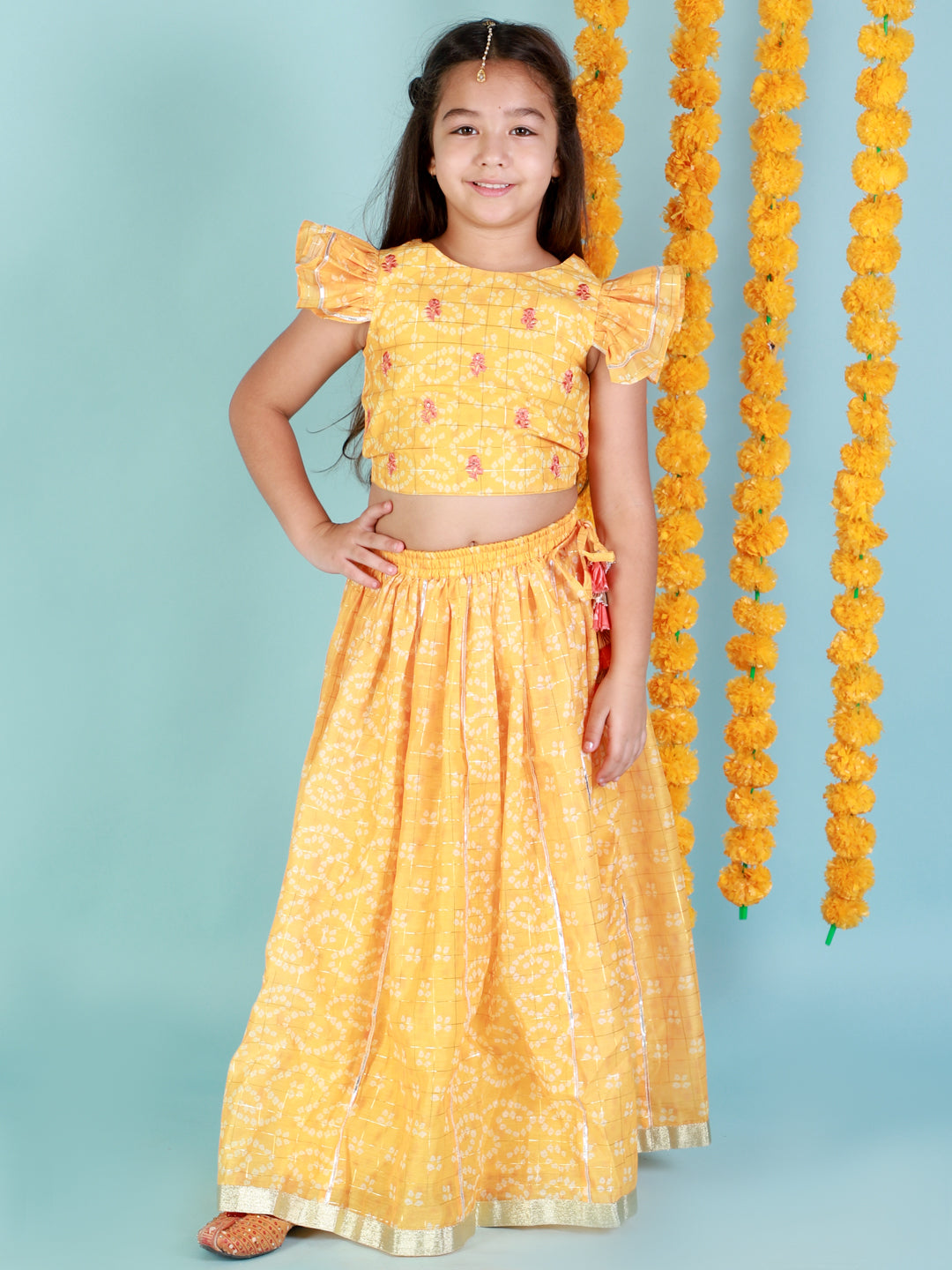 Mehfil yellow bandhni lehenga choli set with puffed sleeves