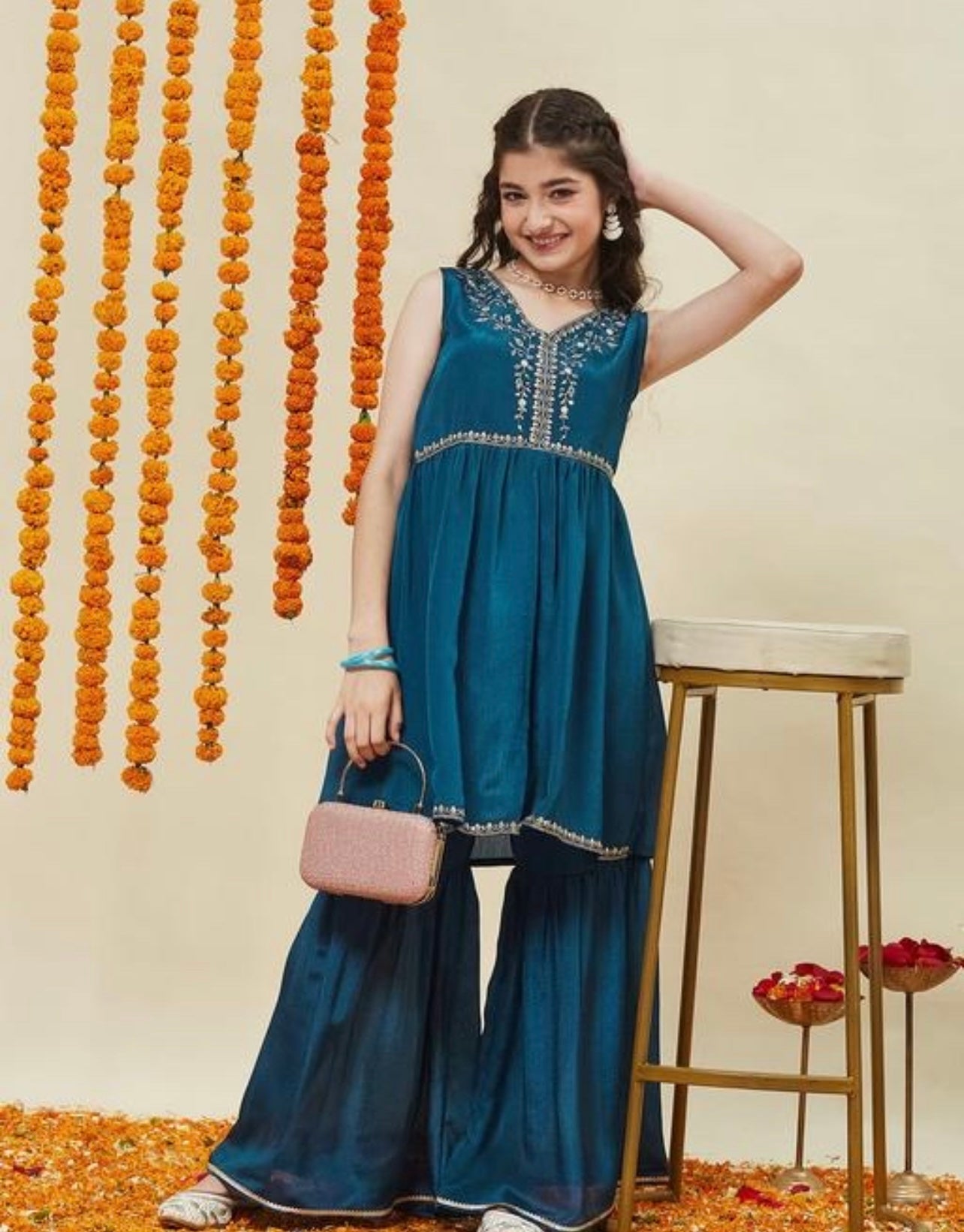 Girls festive sleeveless poly chinon top with Sharara set teal