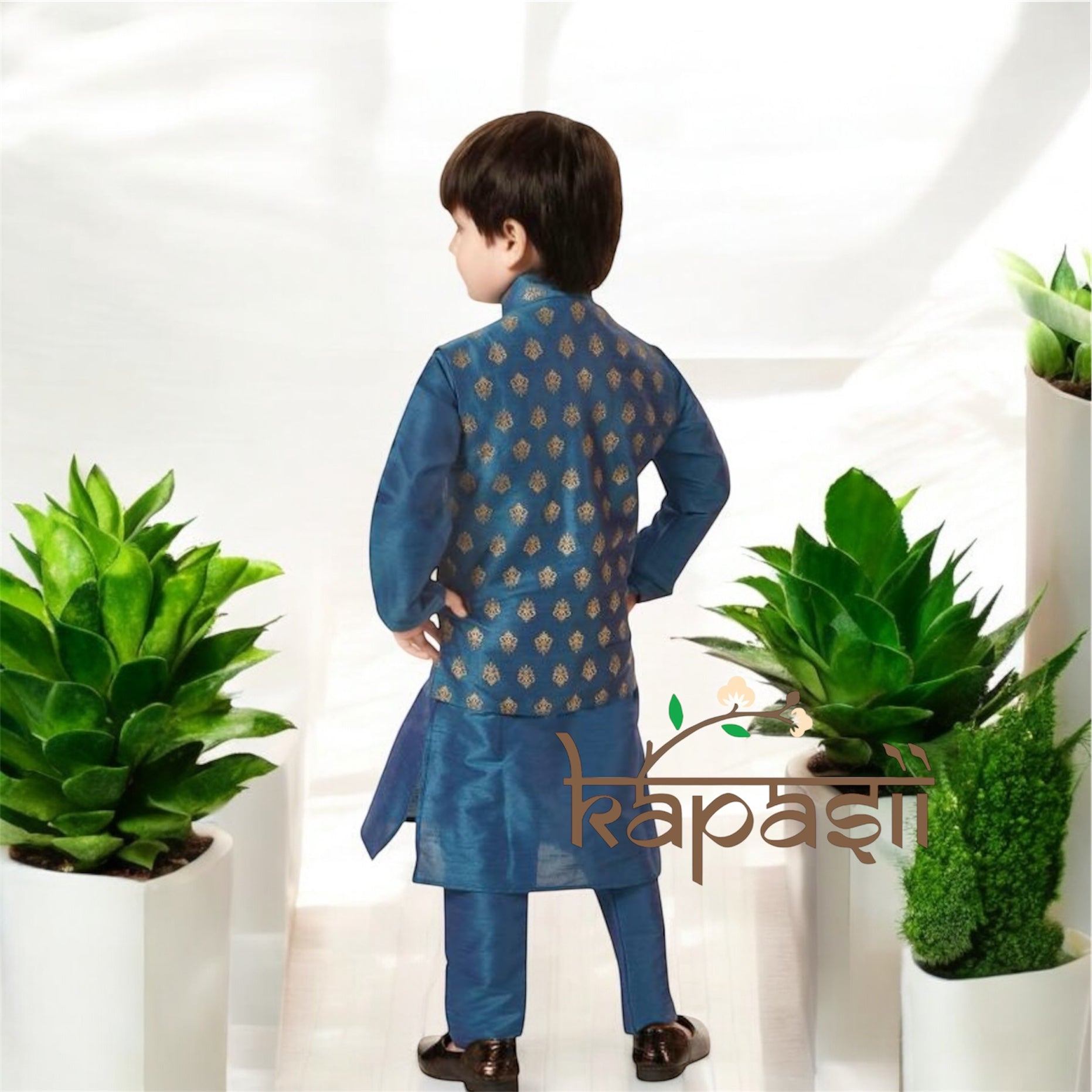 Boys kurta pajama jacket set - brocade semi silk