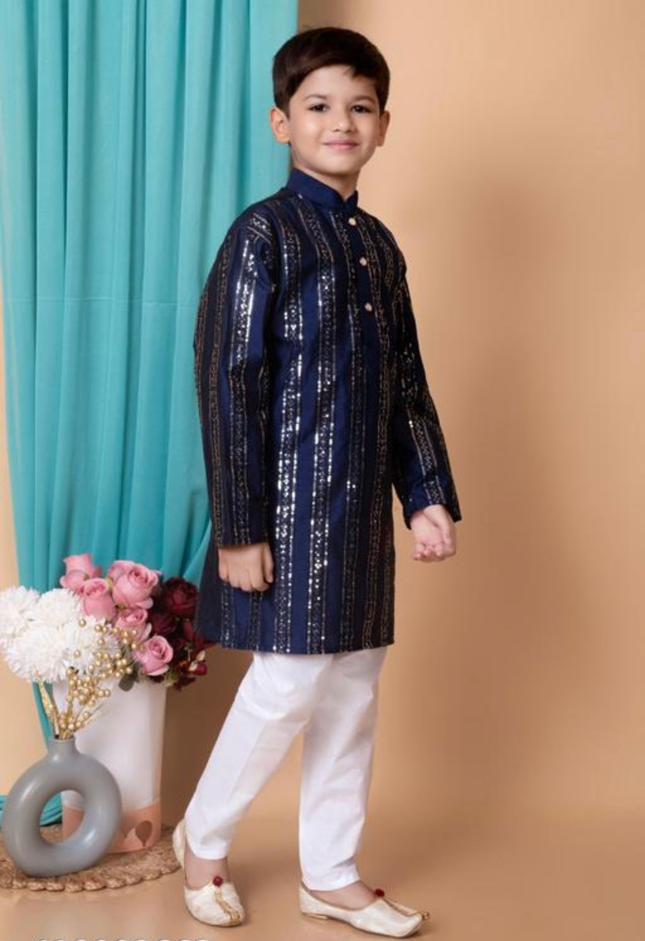 Navy blue heavy embroidery and mirror work festive boys kurta pajama set