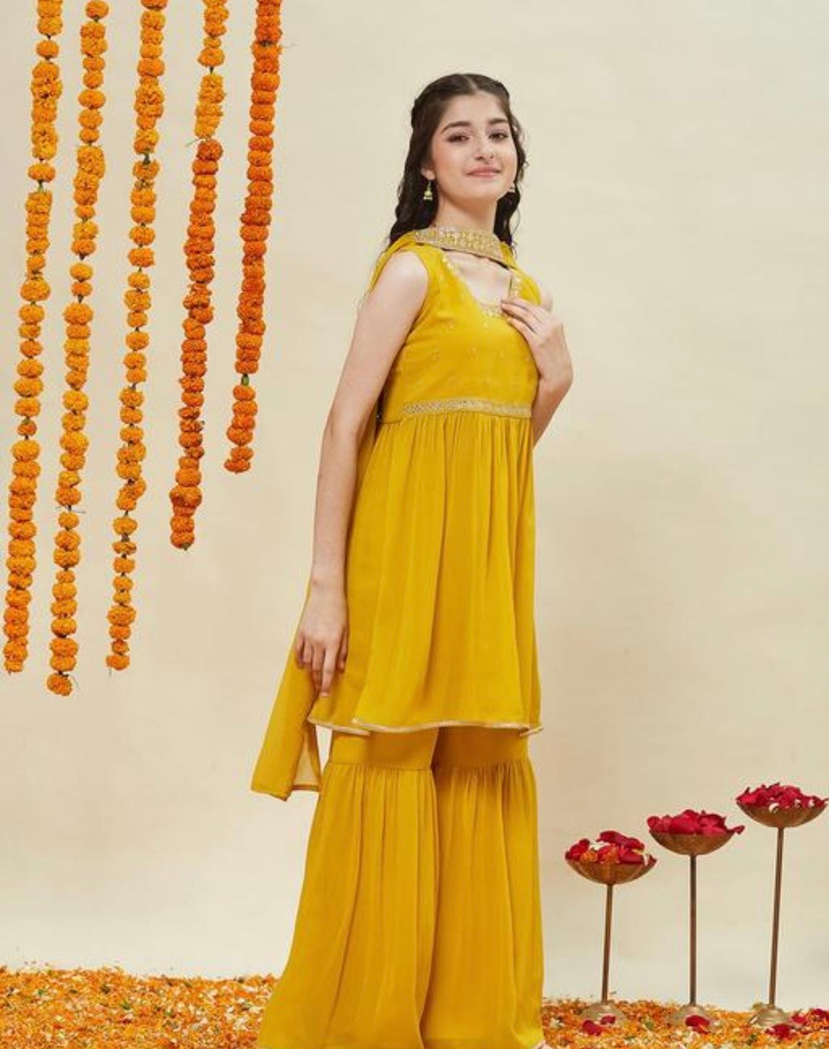 Girls yellow kurti plazzo dupatta set