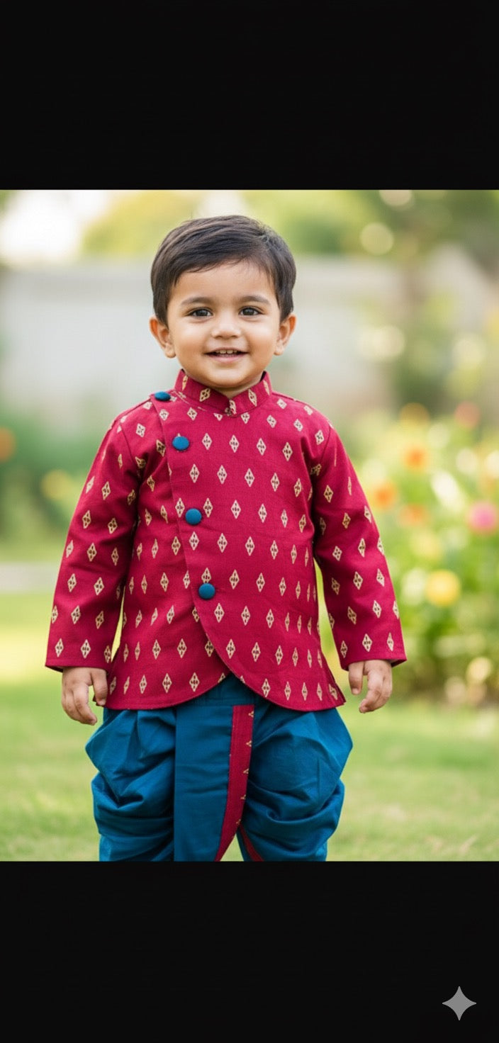 Utsav elegant jacket dhoti set-teal blue and deep red