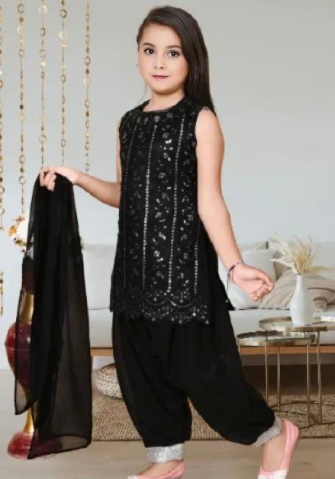 Girls patiala heavy work kurta dupatta set black