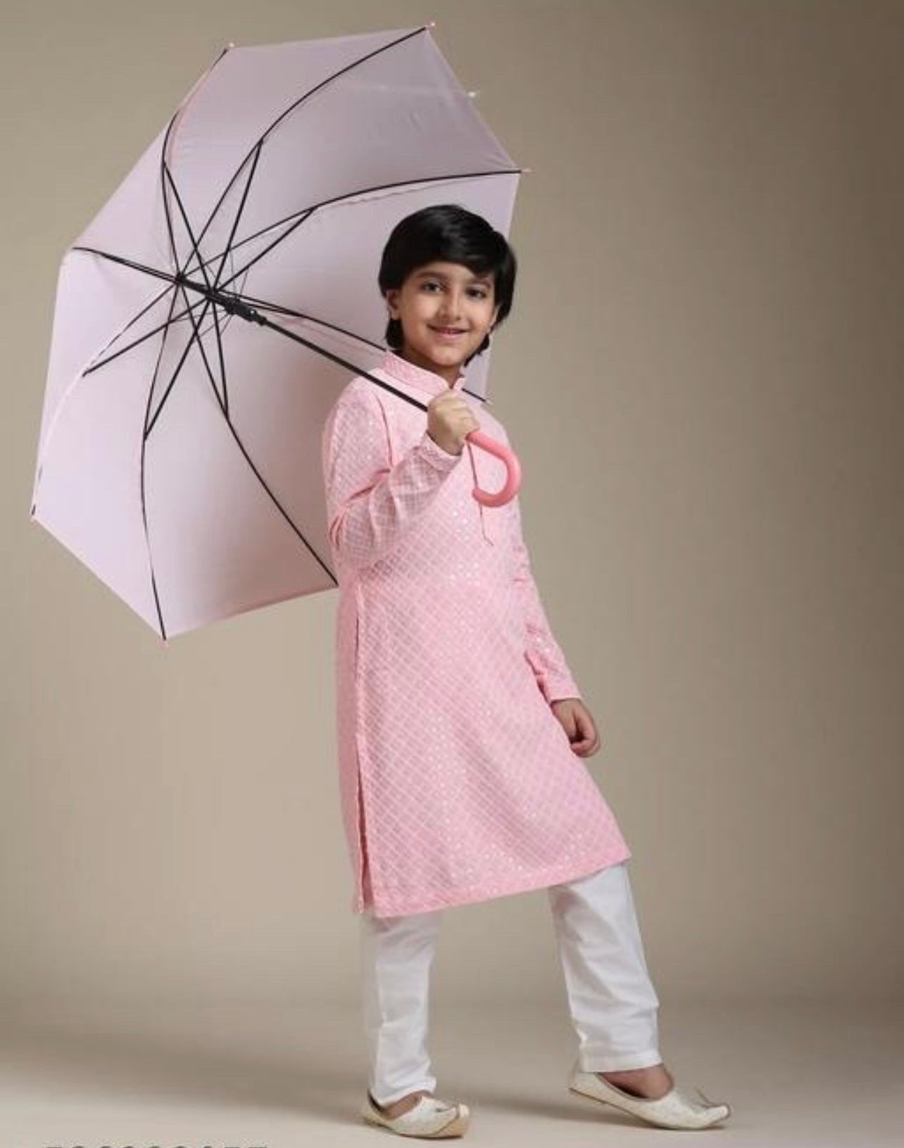 Pink lukhnawi boys kurta pajama set with collar with embroidery work