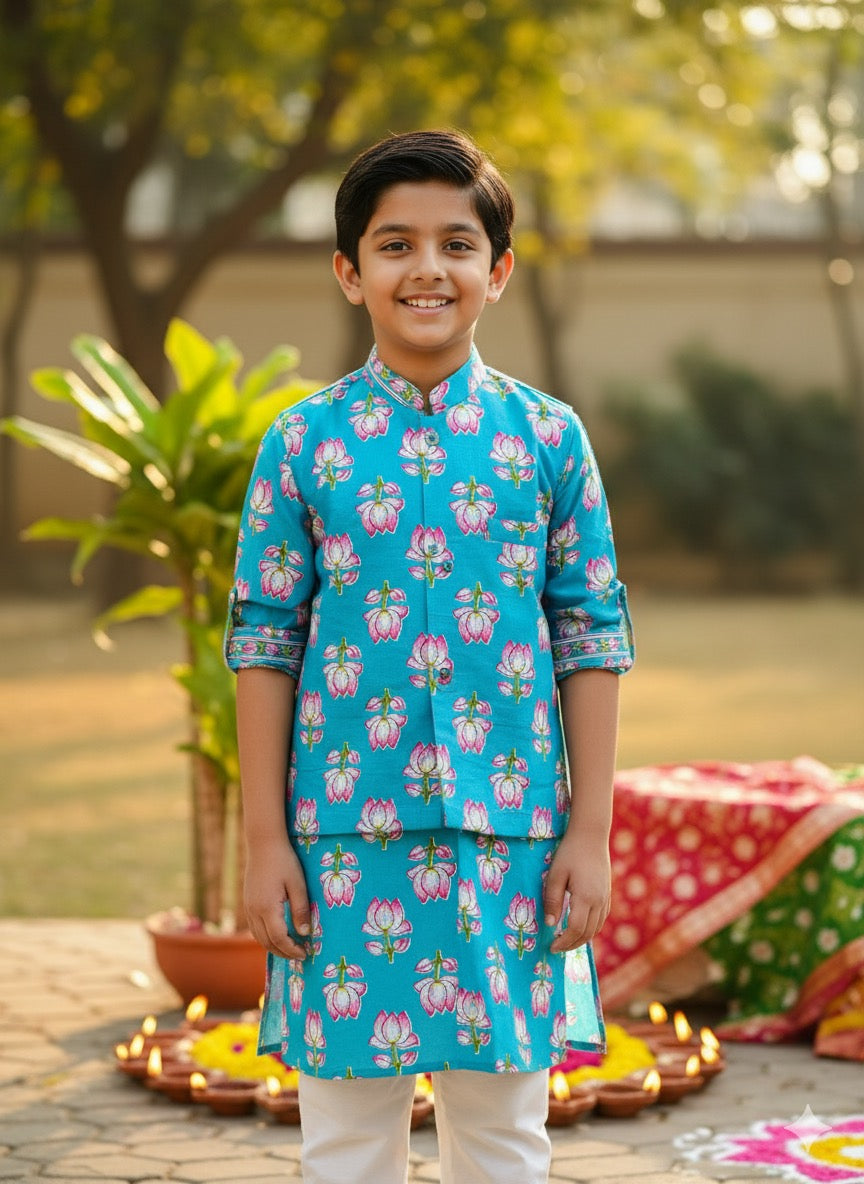 Utsav big boys kurta pajama jacket set- floral blue